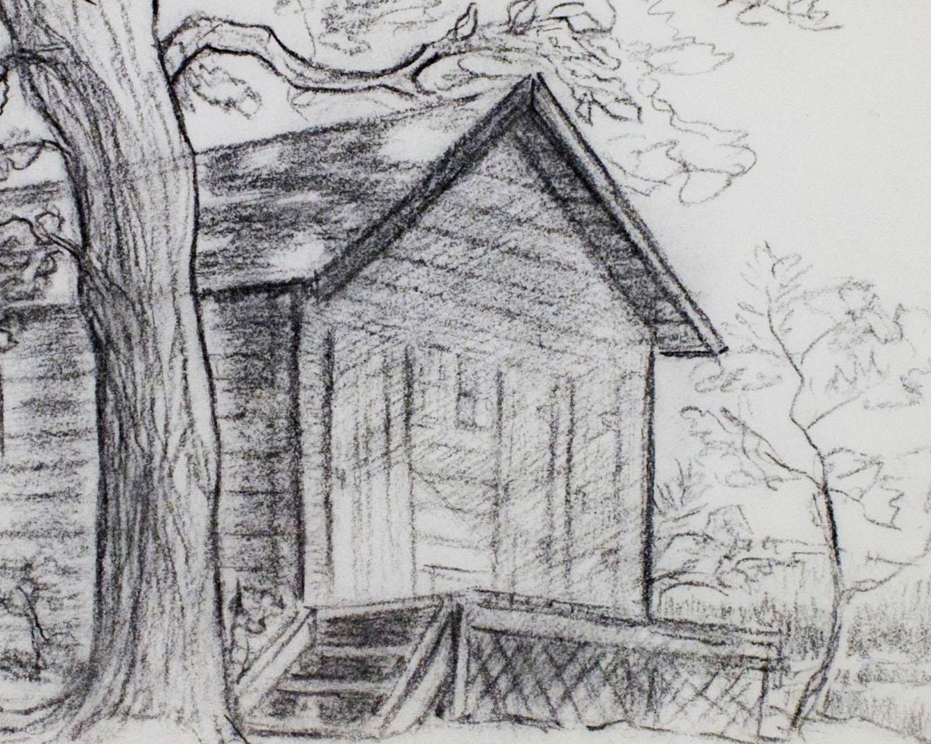 In this drawing, Sylvia Spicuzza presents the viewer with a lakeside cabin under the shade of a massive tree. This drawing is reminiscent of the work done by her father Francesco, who is better known for landscapes in the Impressionist style. 

12 x