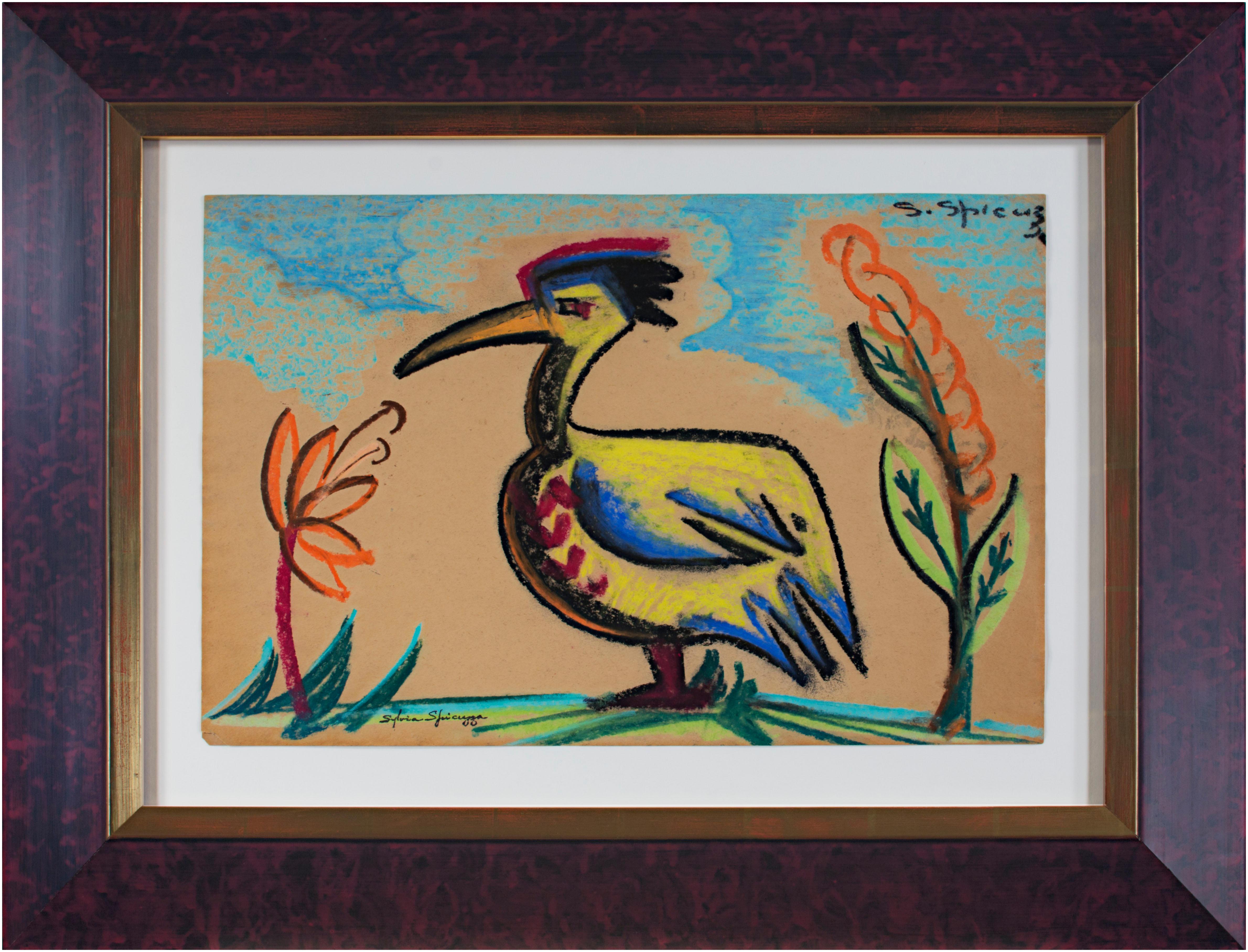 ""Long Beaked Bird" Original signierte Pastellzeichnung von Sylvia Spicuzza