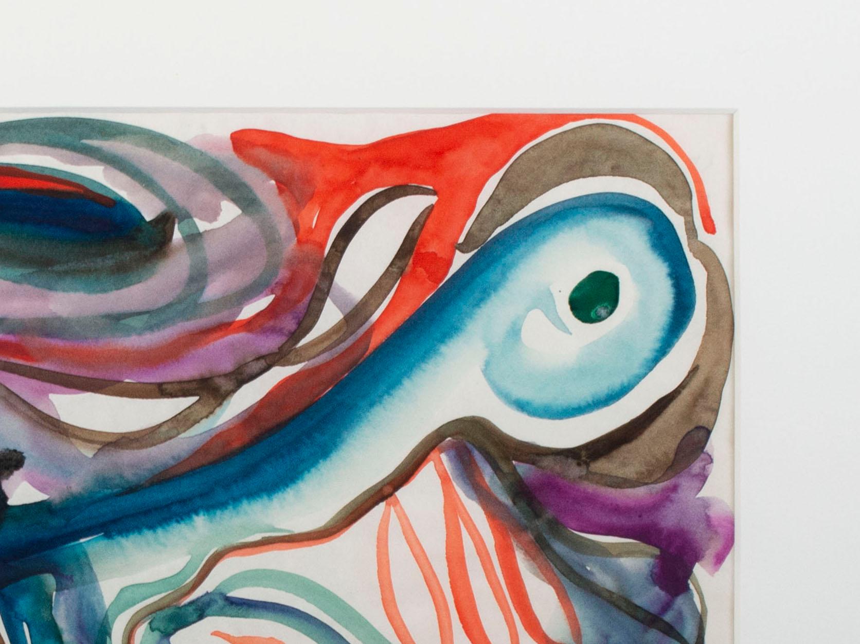 In the 1960s, Sylvia Spicuzza made several watercolor abstractions with biomorphic qualities like the one presented here. While being a playful abstraction, the watercolor also seeps into the paper resembling contemporaneous abstract expressionist
