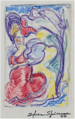 „Frau in Kleid und ausgefallener Hut“ Original Kreidezeichnung von Sylvia Spicuzza