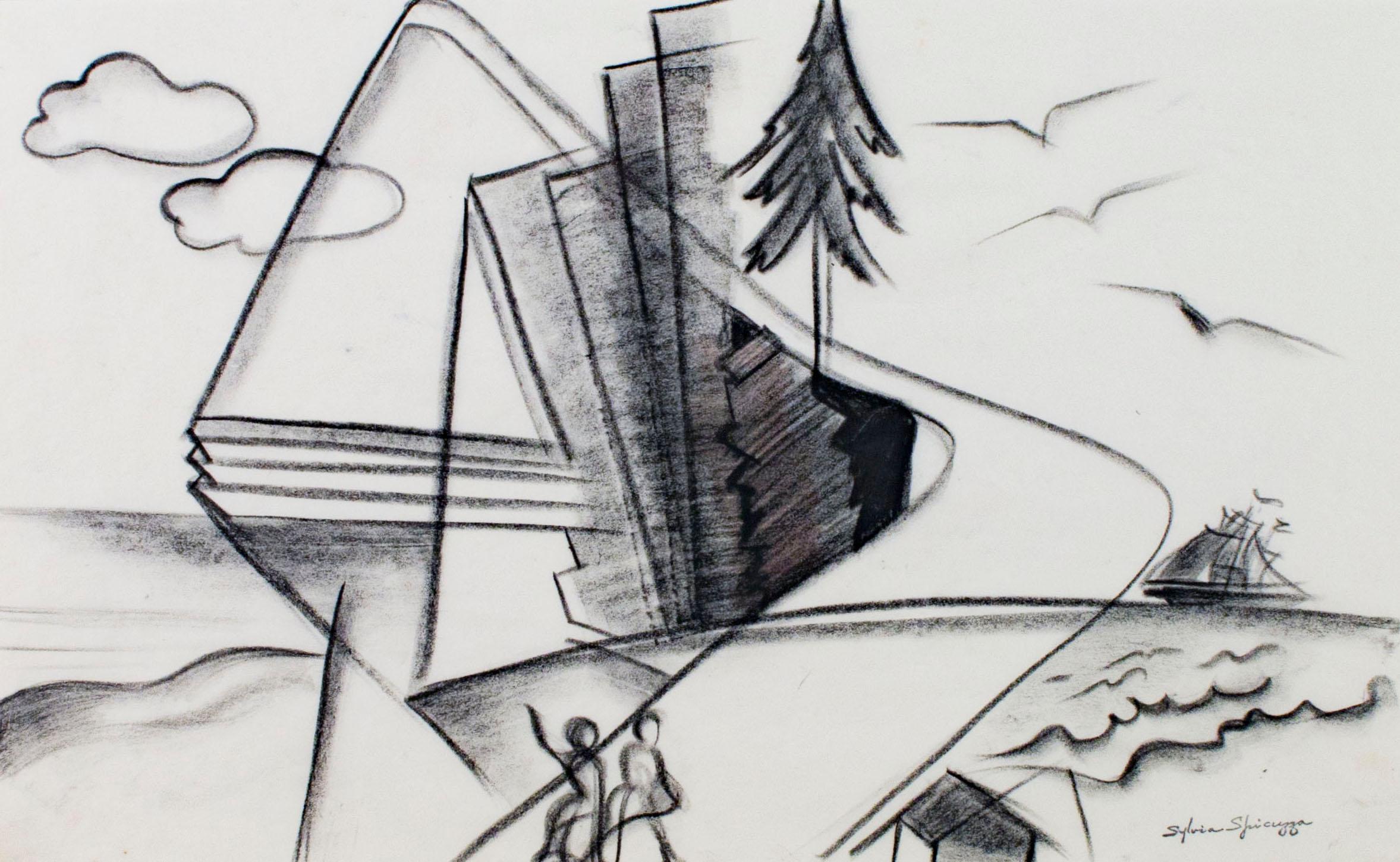 "Downtown Lakefront" original conte cubist drawing by Sylvia Spicuzza