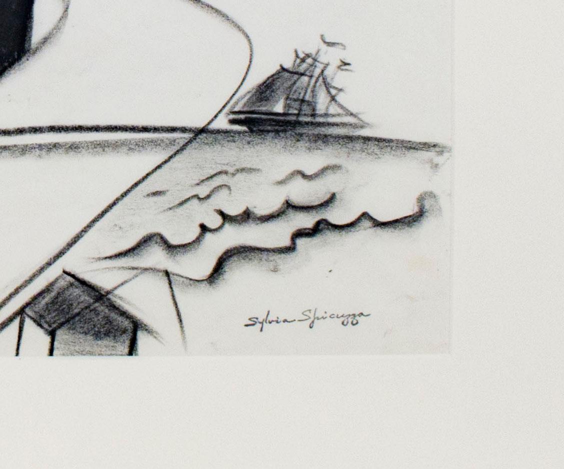 The present work, drawn with black Conté crayon on a calendar sheet, Sylvia Spicuzza presents the viewer with a rhythmic vision of an urban lakefront. The beach scene is dominated by cubist abstractions of skyscrapers and sailboats, with figures in