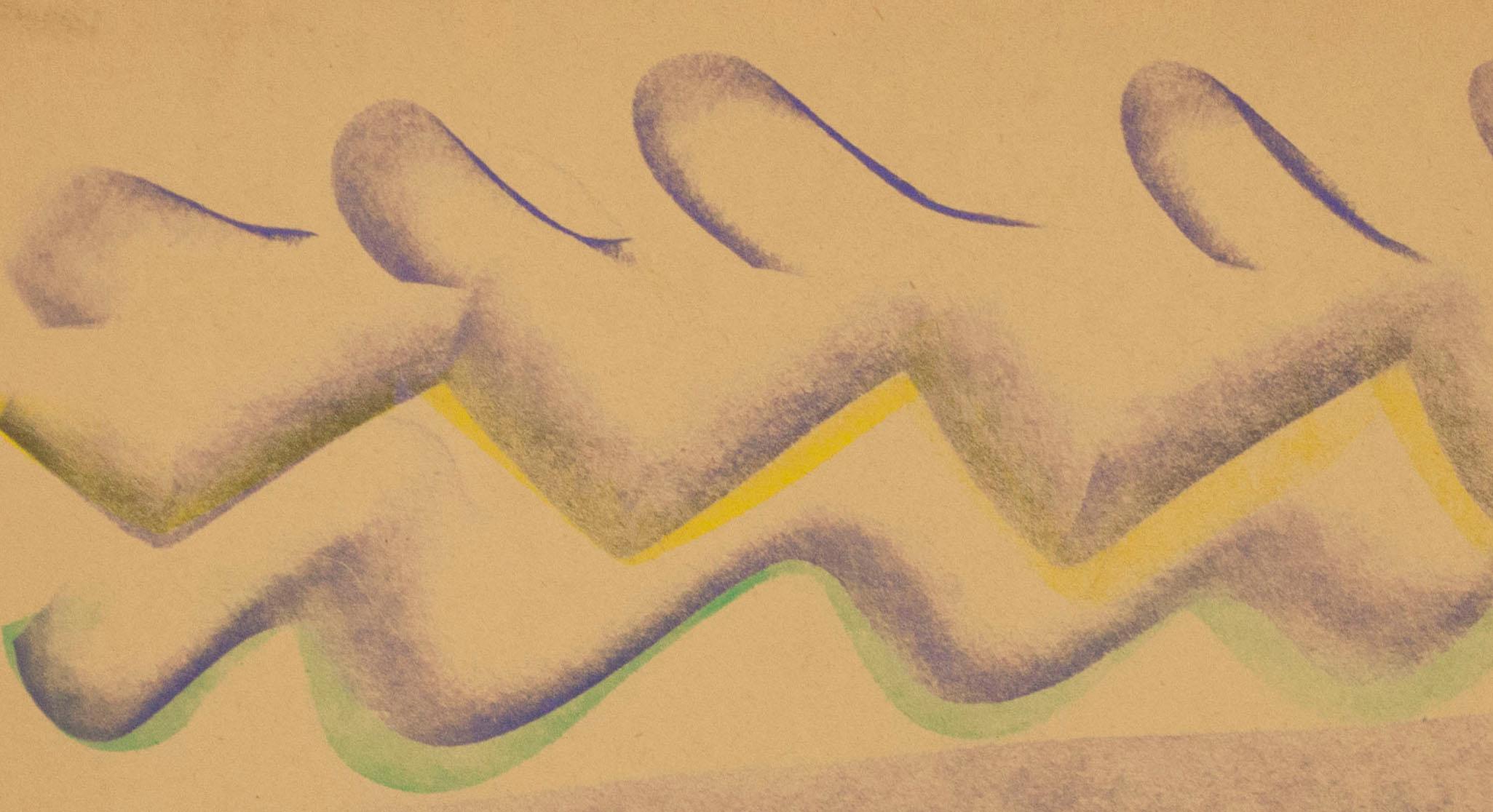 In this pastel drawing, Sylvia Spicuzza presents the viewer with a rhythmic view resembling waves and rolling hills. The colors of the repeating patterns and softness of the undulating lines recall the paintings of Georgia O'Keeffe and her abstract