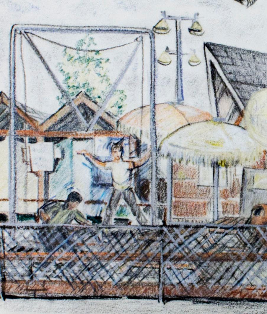In this drawing, Sylvia Spicuzza presents the viewer with a view of children jumping on a trampoline near the entrance to the grounds of the Wisconsin State Fair. This drawing is reminiscent of the work done by her father Francesco, who is better