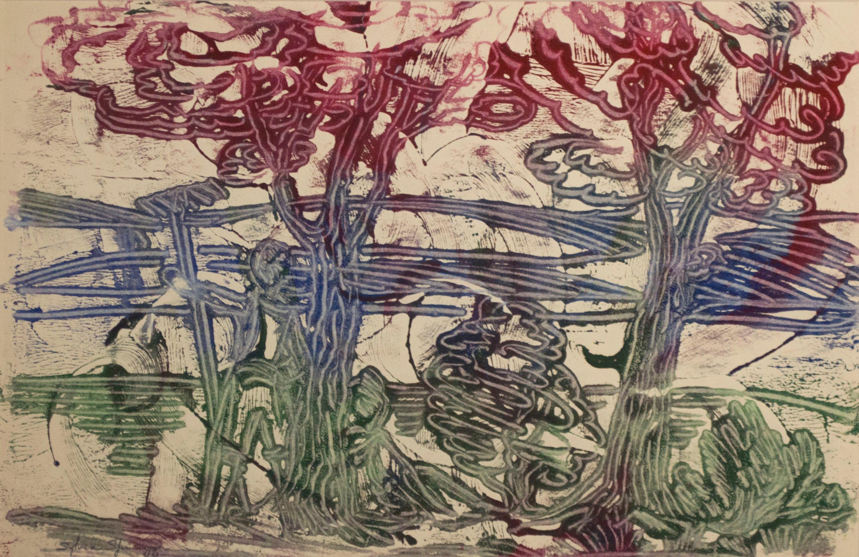In dieser Monotypie zeigt Sylvia Spicuzza dem Betrachter eine Szene mit zwei jungen Männern, die sich in einer pastoralen Landschaft entspannen. Auf der Rückseite des Drucks hat Spicuzza ihre mit Bleistift angefertigte Vorzeichnung hinterlassen.

12