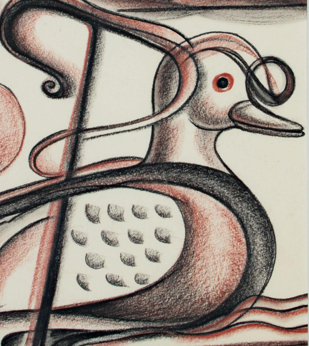 In this drawing, Sylvia Spicuzza presents the viewer with a duck in a watery landscape, rendered in her elegant modernist style. Other forms in the drawing appear to shoot up like letters of the alphabet.

12 x 17.5 inches, artwork
21.5 x 28 inches,