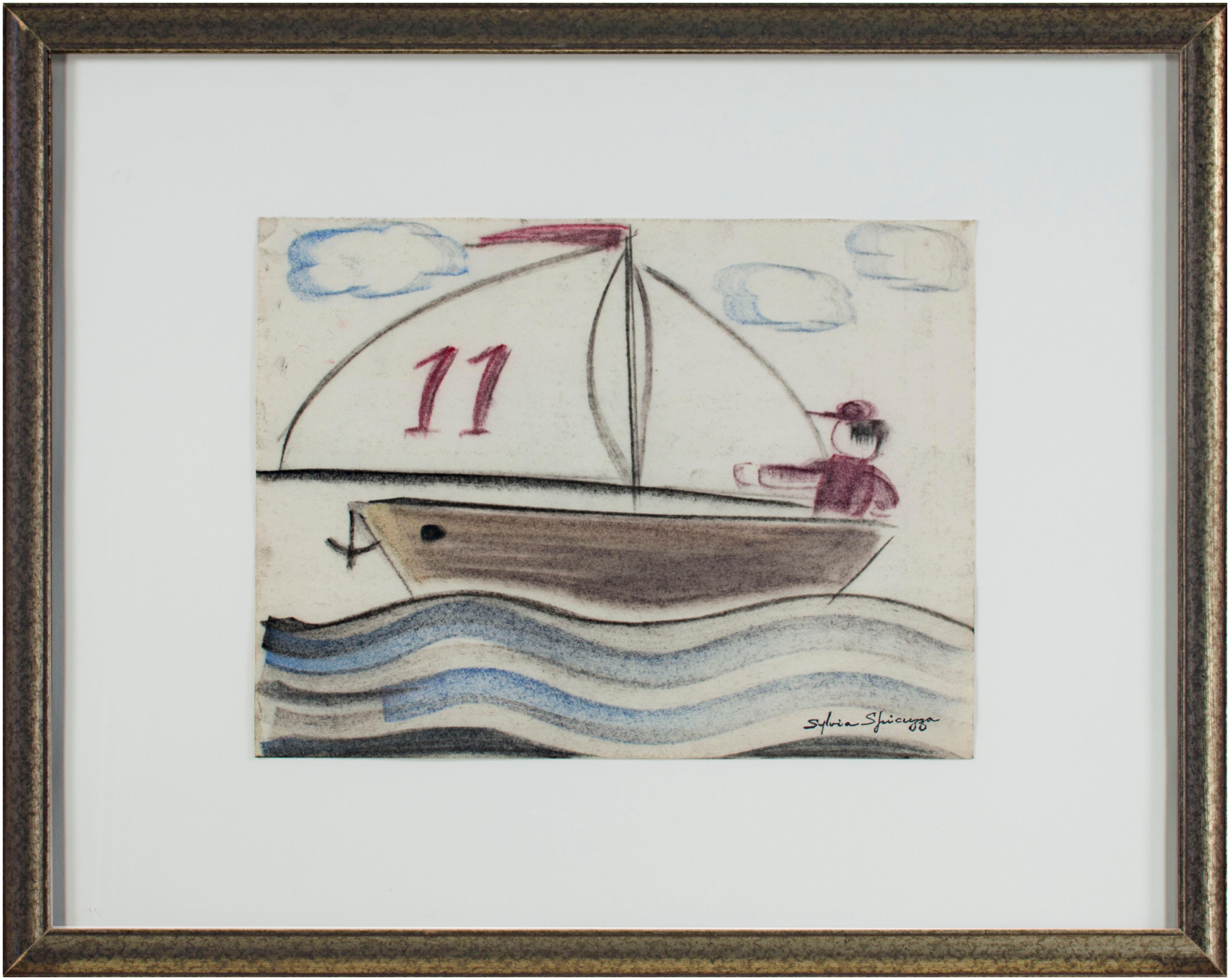 In this image, Sylvia Spicuzza presents the viewer with a child-like drawing, showing a figure manning a sailboat marked with the number eleven on its sails. The waving lines of the water beneath are related to the Art Deco pastel drawings she