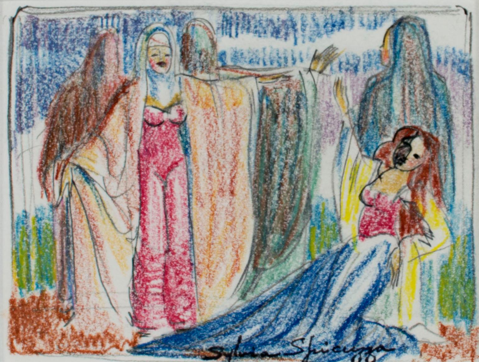 Auf dieser Zeichnung präsentiert Sylvia Spicuzza dem Betrachter eine Szene aus dem Theater oder der Oper, die fünf Frauen auf der Bühne zeigt. Drei der Frauen stehen mit dem Rücken zum Betrachter, während eine im Vordergrund ihre Arme über eine