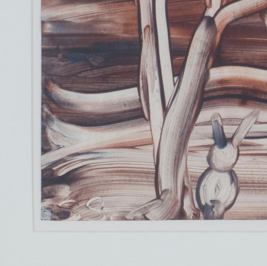 This winter scene painting is unusual in the work of Sylvia Spicuzza, but is one of the finger paintings that she produced probably in conjunction with her position as an art educator. The image contains a snowman and a small rabbit at the foot of a