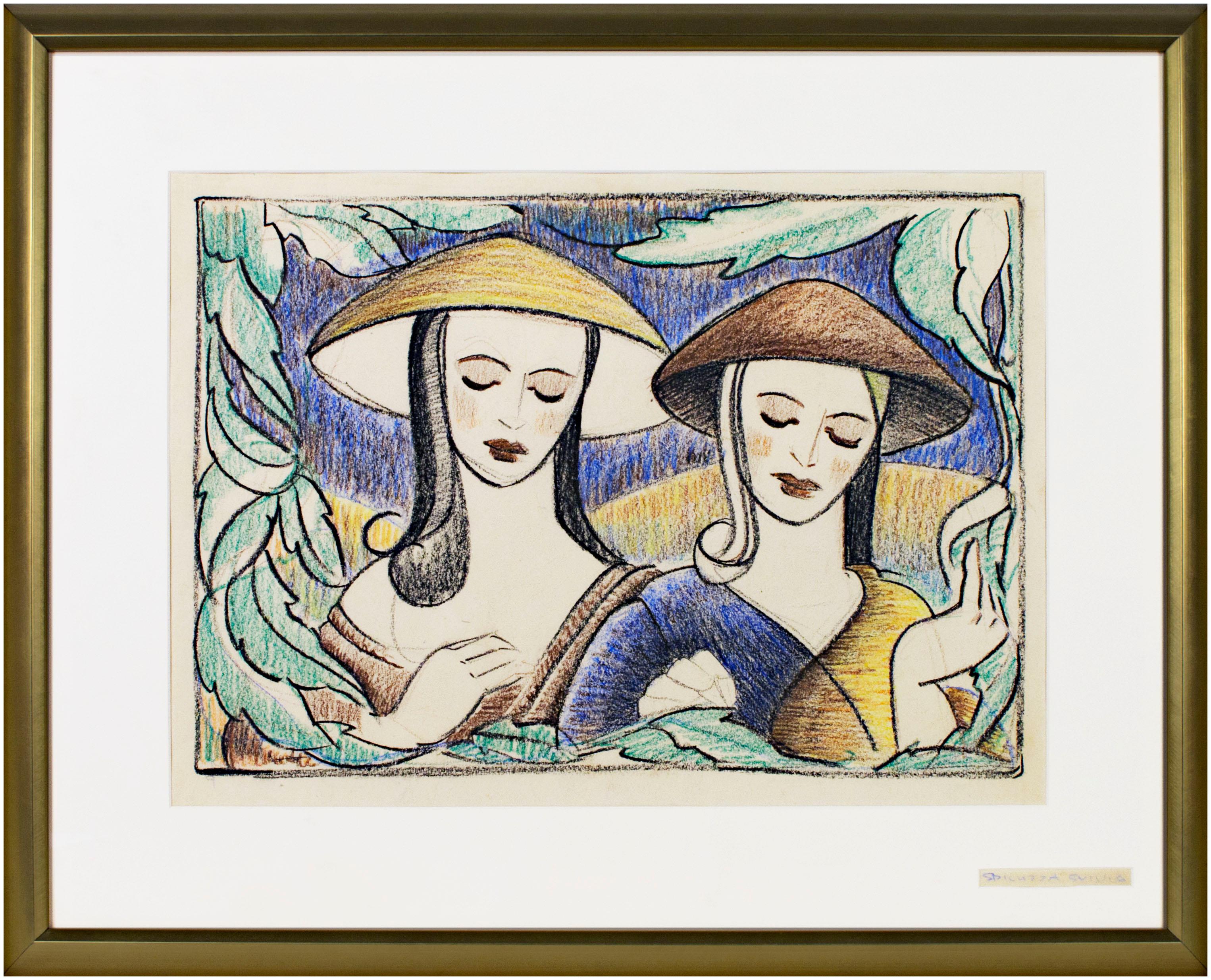 In this drawing, Sylvia Spicuzza presents the viewer with a bust-length view of two elegant women dressed in East Asian costume. Their faces reflect the ideal of beauty during the 1950s and '60s, with clean lipstick and downcast eyes, not unlike