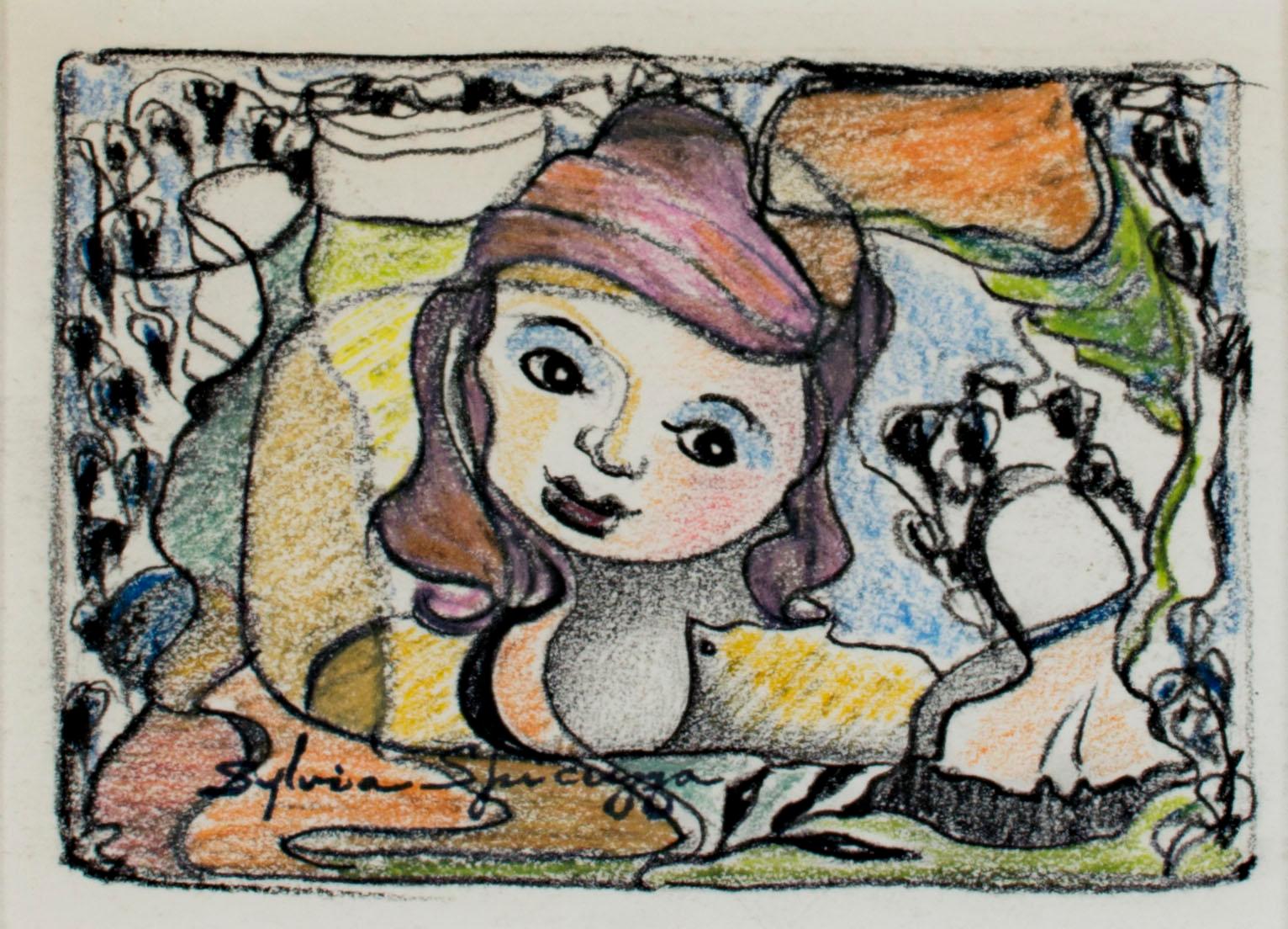 In this intimate drawing, Sylvia Spicuzza presents the viewer with a young woman crouched down in a garden. The image is framed by foliage and fields of color. 

3.75 x 5.25 inches, artwork
11.38 x 12.75 inches, frame
stamped with artist signature
