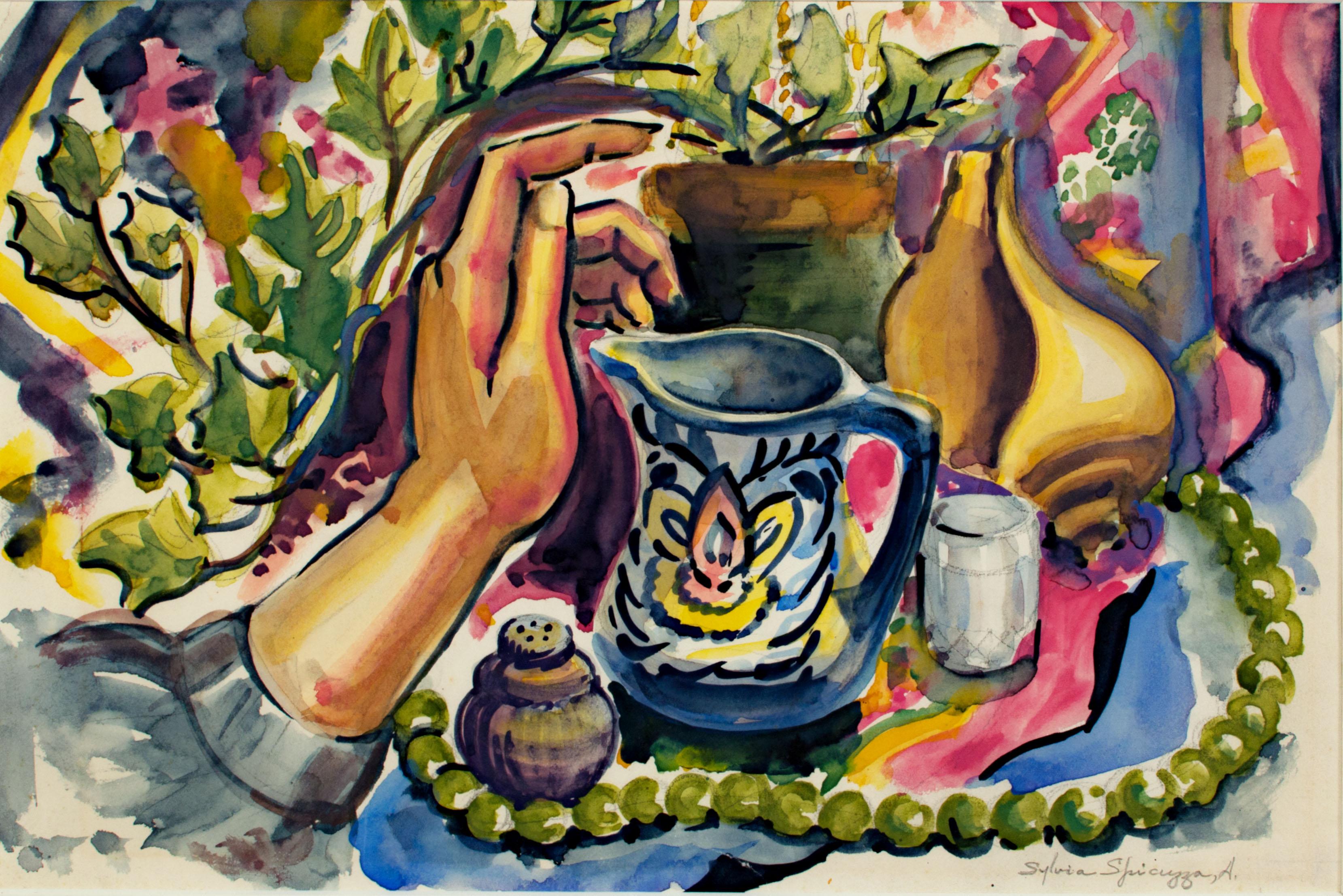 Original-Aquarell „Stillleben mit Künstlerhand“, signiert von Sylvia Spicuzza im Angebot 1