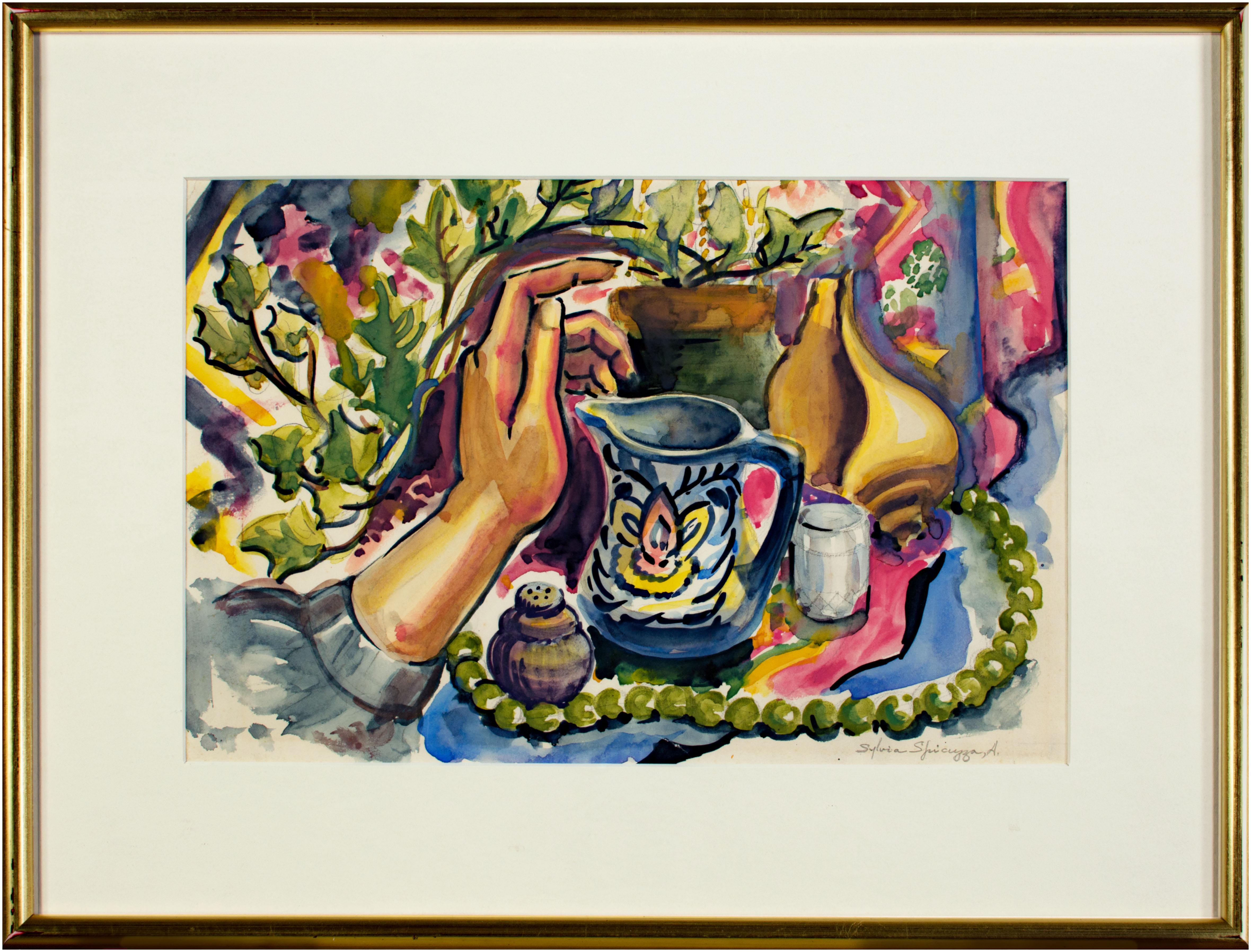 "Still Life with Artist's Hand" original watercolor signed by Sylvia Spicuzza