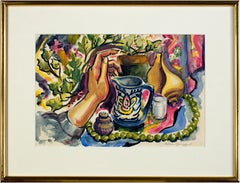 Vintage "Still Life with Artist's Hand" original watercolor signed by Sylvia Spicuzza