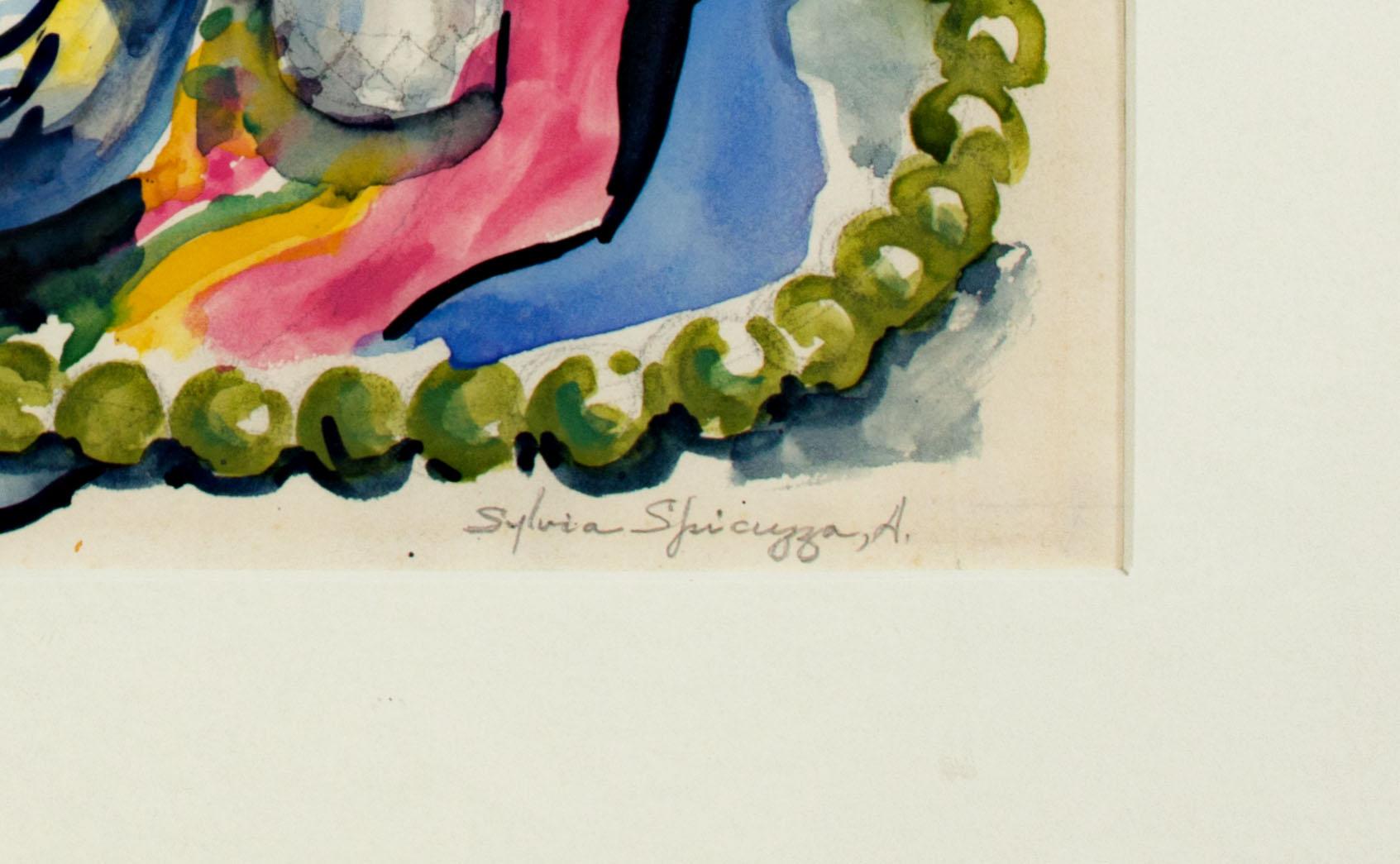 Original-Aquarell „Stillleben mit Künstlerhand“, signiert von Sylvia Spicuzza im Angebot 2