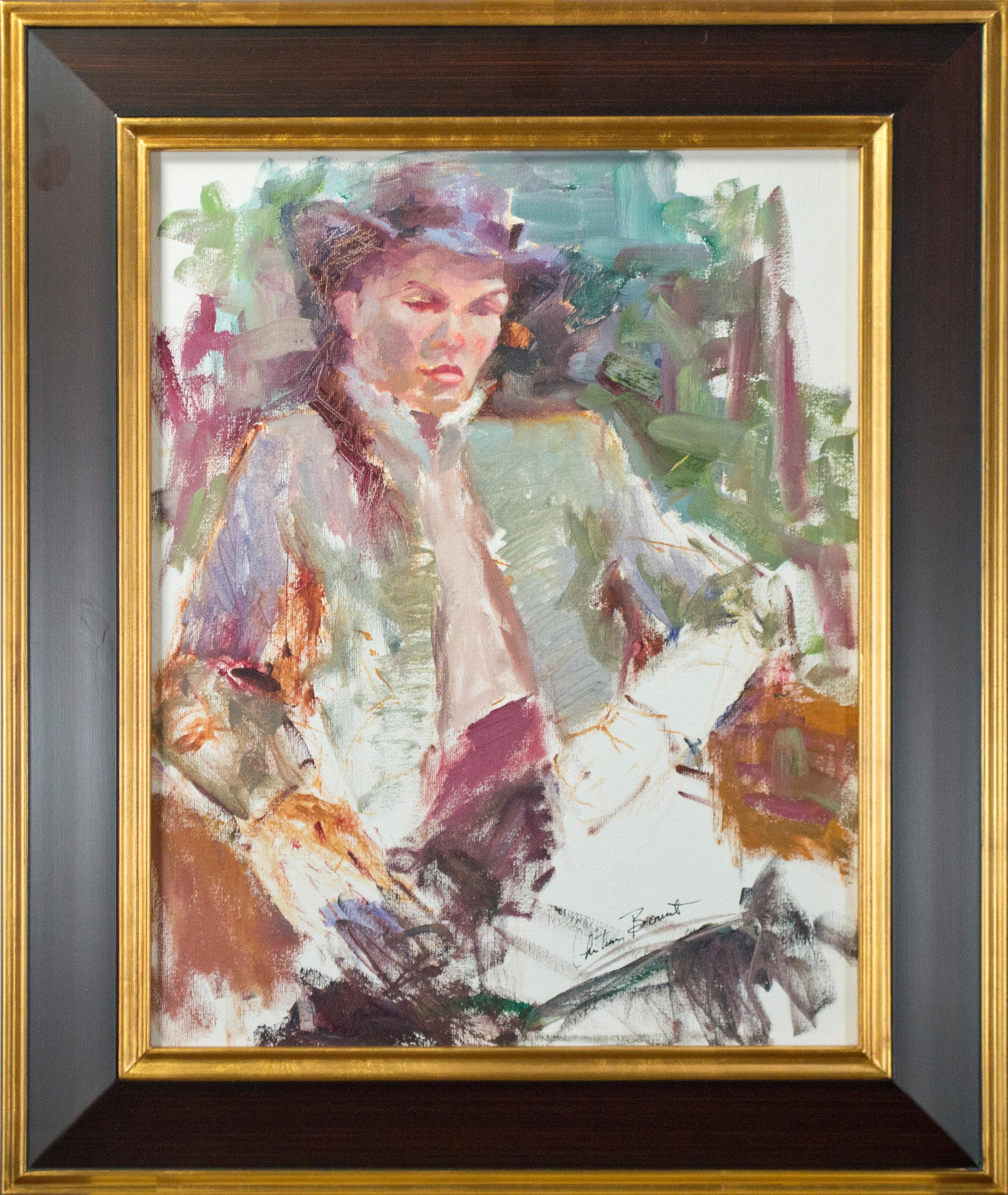 Contemporary portrait oil painting female subject impressionist colorful signed - Painting by Christiane Bouret