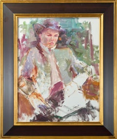Contemporary portrait oil painting female subject impressionist colorful signed