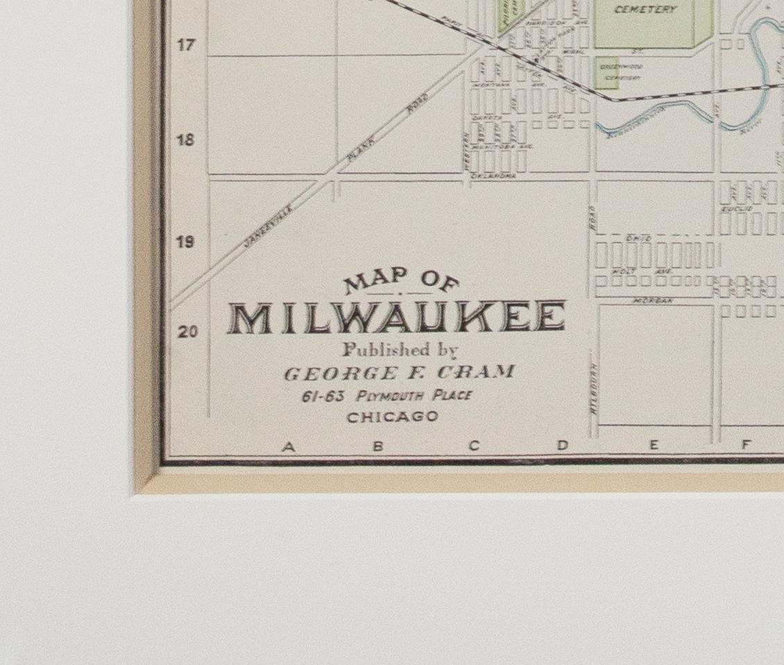 „Map of Milwaukee“ Farblithographie, veröffentlicht von George F. Cram of Chicago (Sonstige Kunststile), Print, von George Franklin Cram