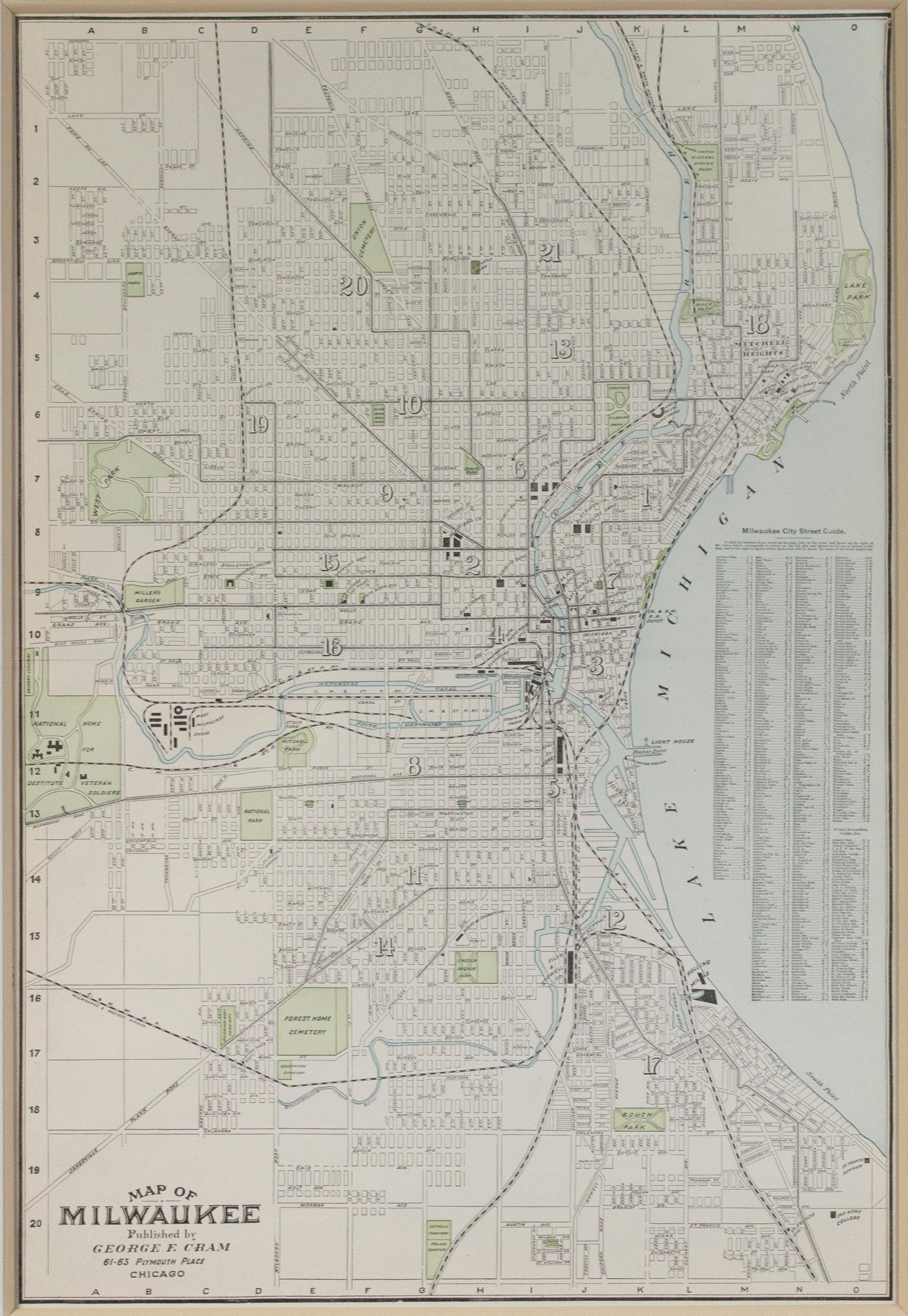 'Map of Milwaukee' color lithograph published by George F. Cram of Chicago - Print by George Franklin Cram