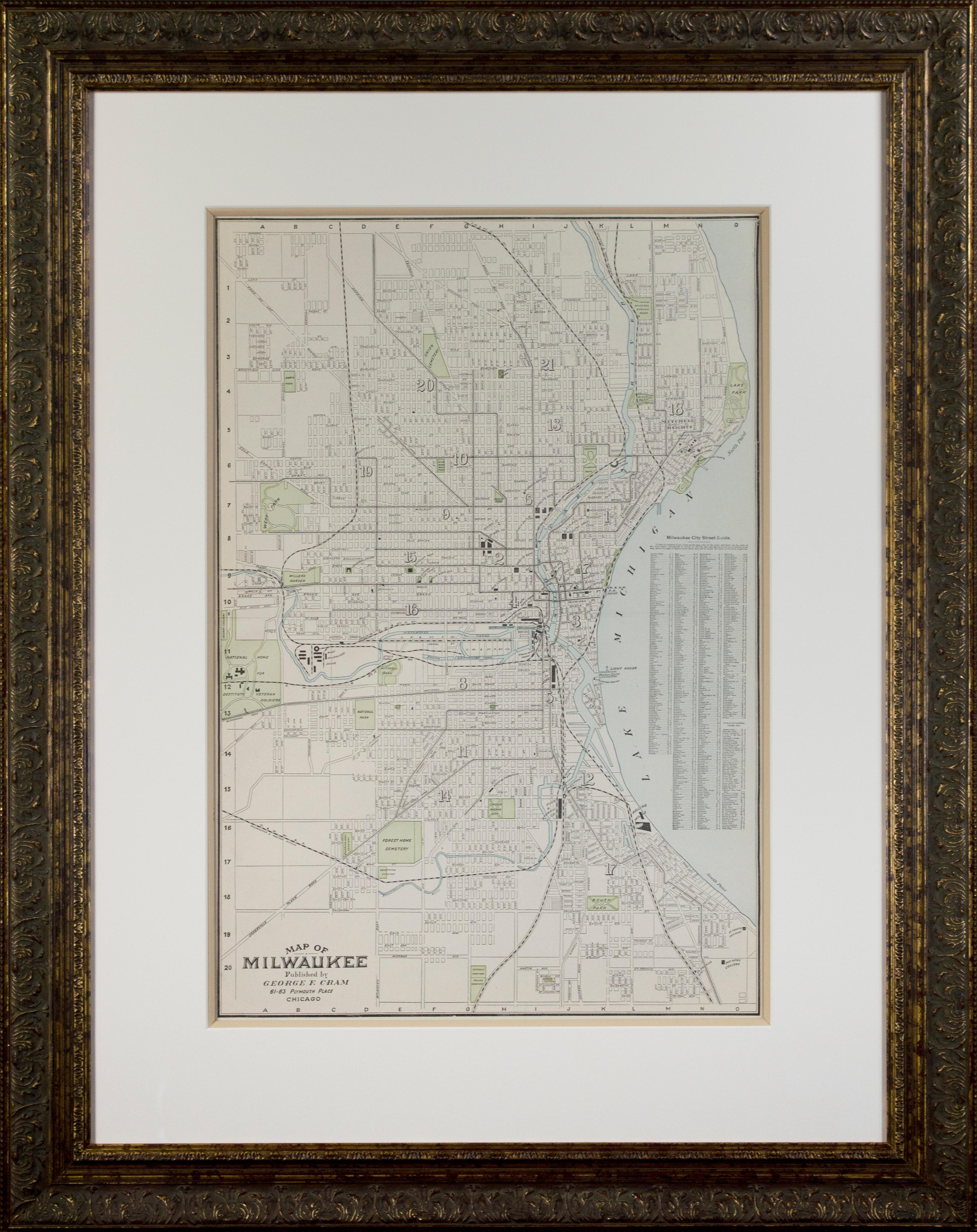 George Franklin Cram Print - 'Map of Milwaukee' color lithograph published by George F. Cram of Chicago