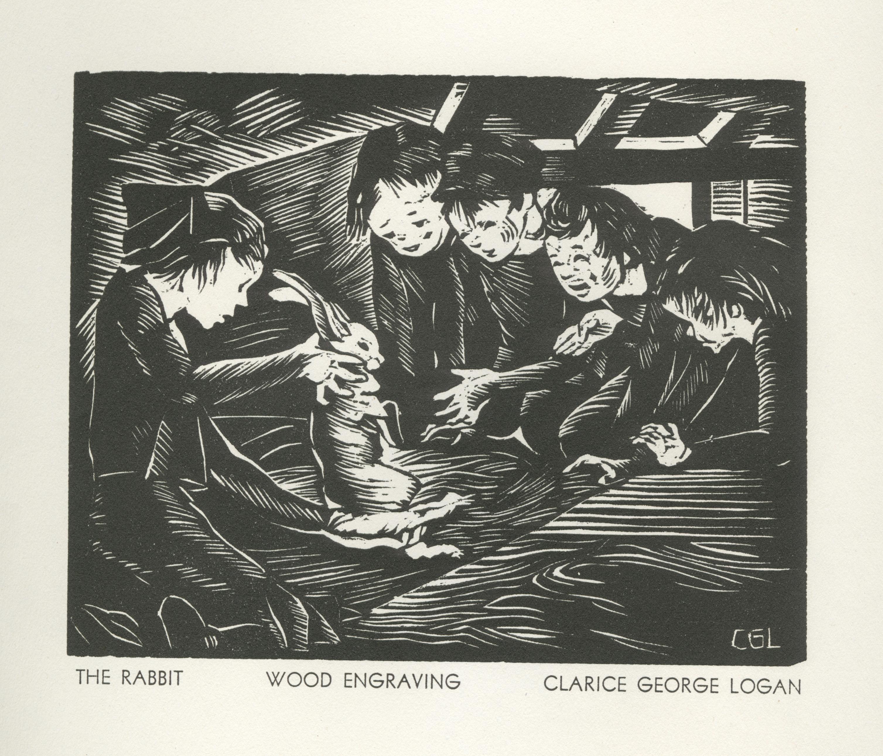 Original-Holzschnitt-Stickerei „Der Kaninchen“ von Clarice George Logan im Angebot 1