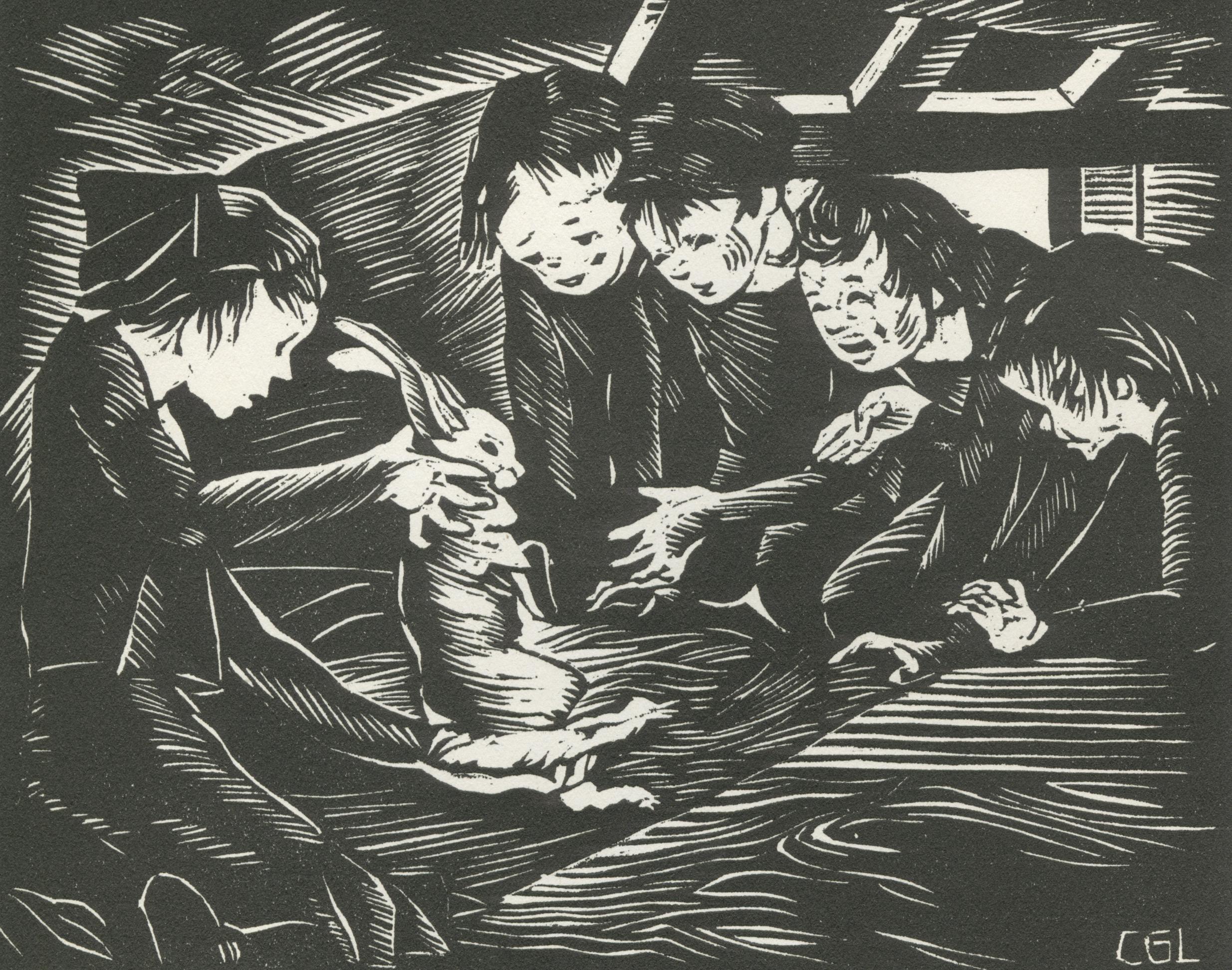 In 'The Rabbit,' Wisconsin artist Clarice George Logan presents the viewer with a multi-figural scene: under a wood-frame structure, four children crouch on the ground, gathered around a young woman who presents a rabbit. Under normal circumstances,