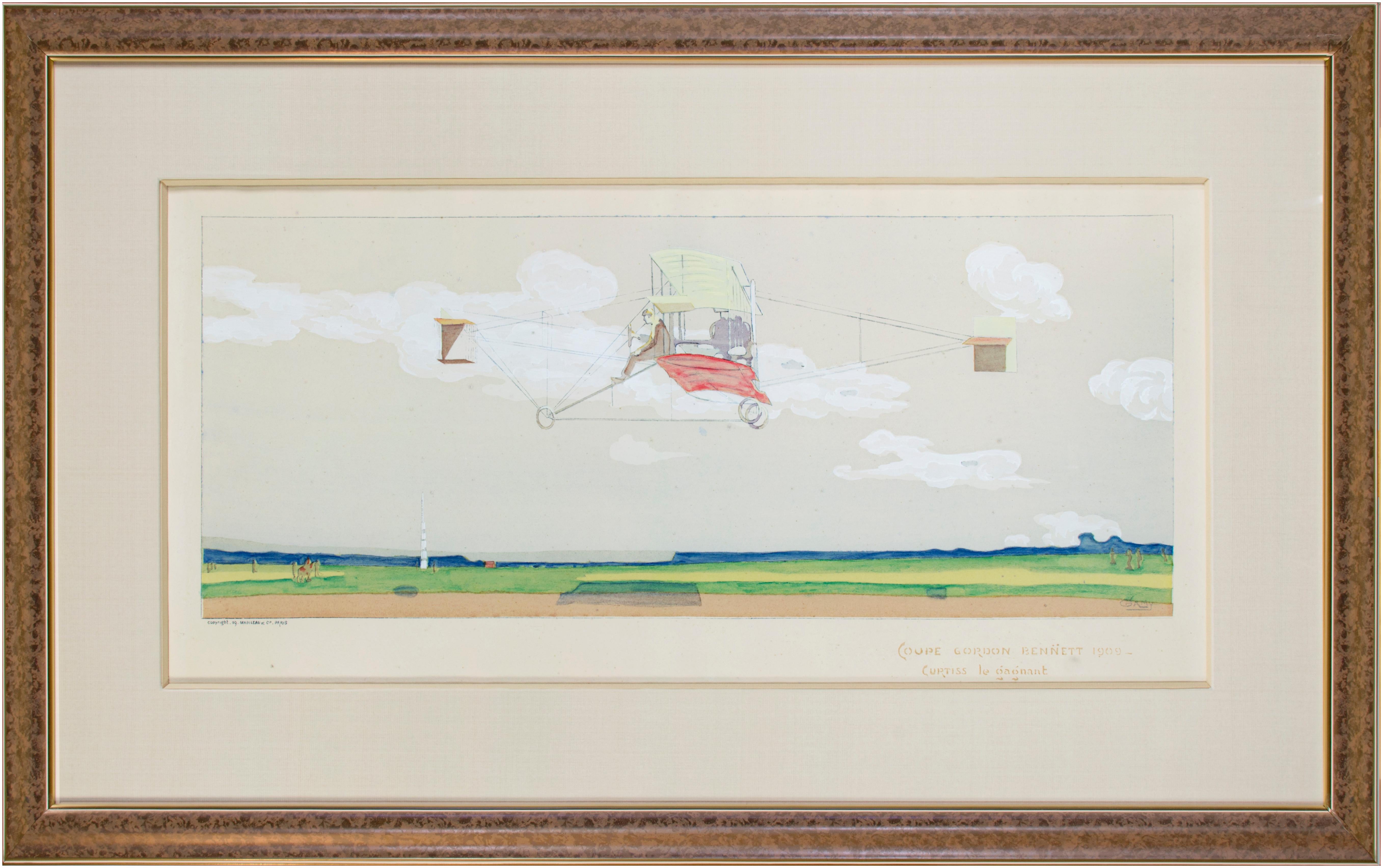 "Coupe Gordon Bennett 1909 - Curtiss le Gagnant" est une Lithographie originale avec Pochoir réalisée par Marguerite Montaut (Gamy). Gamy présente au spectateur une illustration technique d'un premier modèle d'avion de profil volant au-dessus d'un