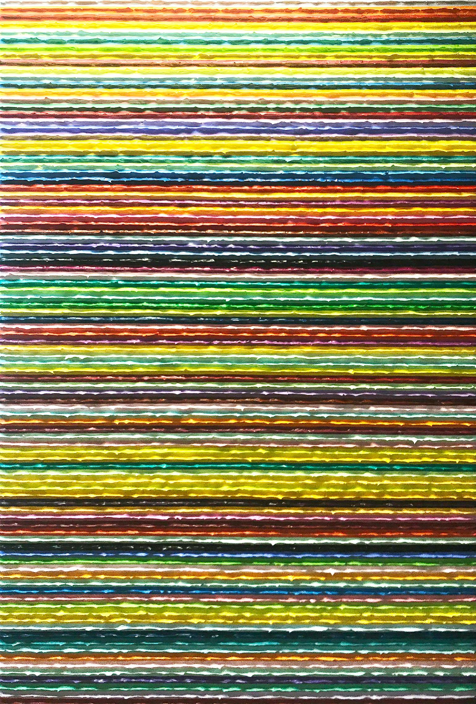 This painting is a large-scale example of the paintings of Daniel Klewer, coming from his series 'Linear Tactility.' The paintings in this series all share a consistent, linearly divided composition with investigations into the visual and