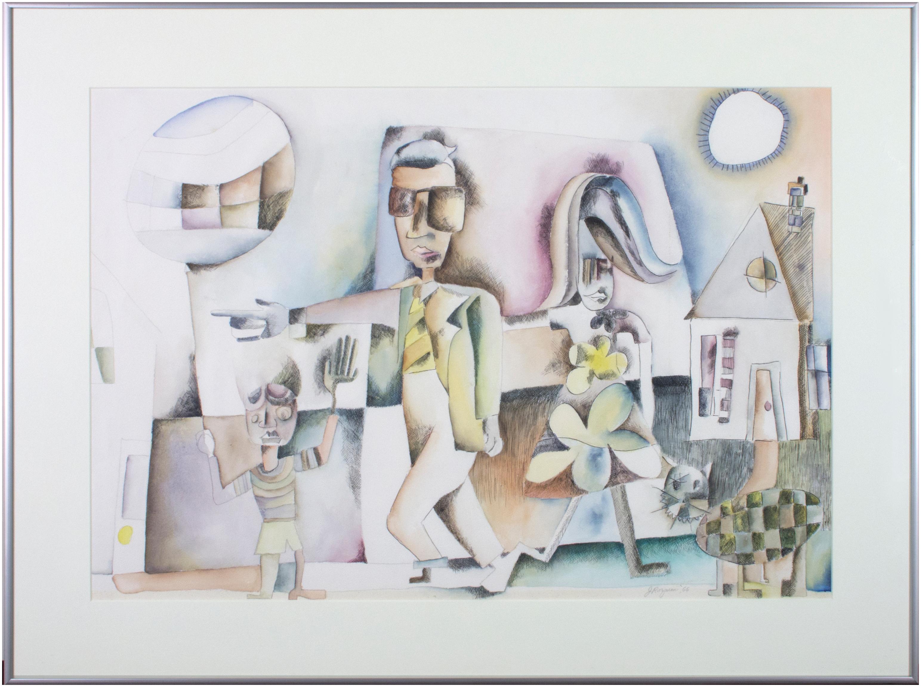 'Family Outing' original watercolor signed by Joseph Rozman