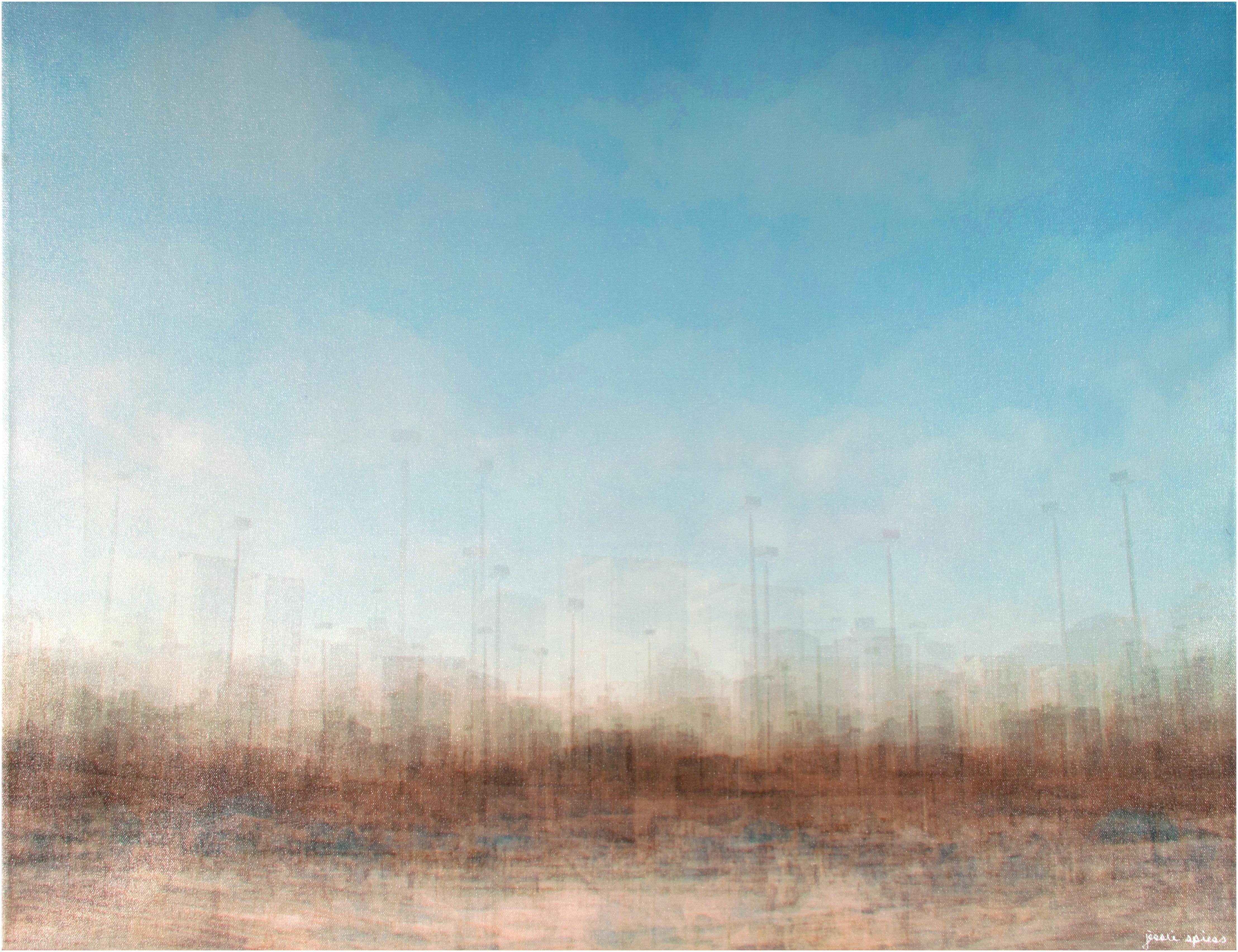 Photographie abstraite contemporaine de paysage urbain bâtiments bateaux ciel signée