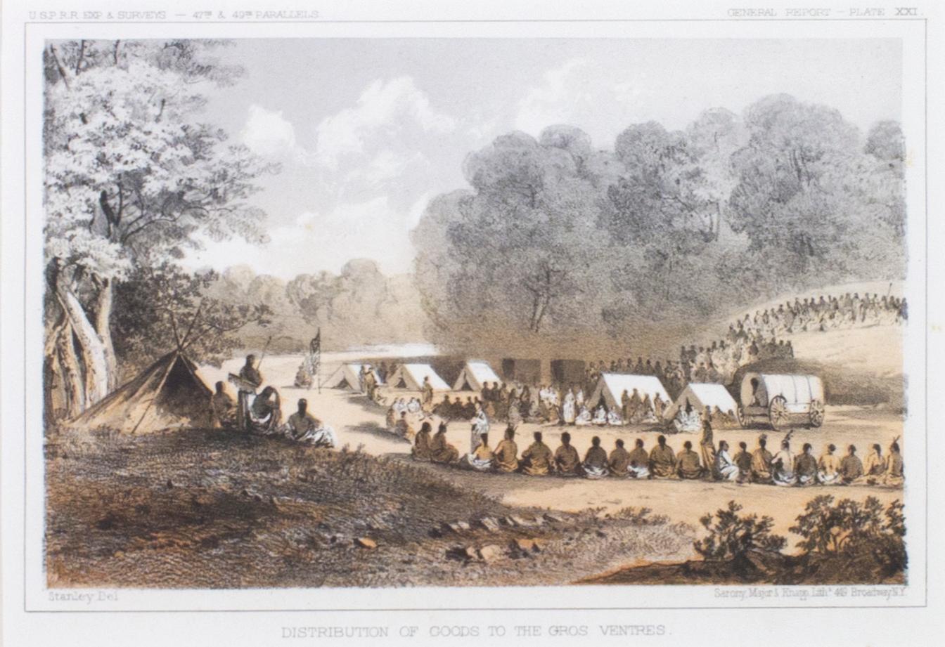 Lithographie « Distribution of Goods to the Gros Ventres » (Détribution de marchandises aux grands vents) de John Mix Stanley  en vente 1