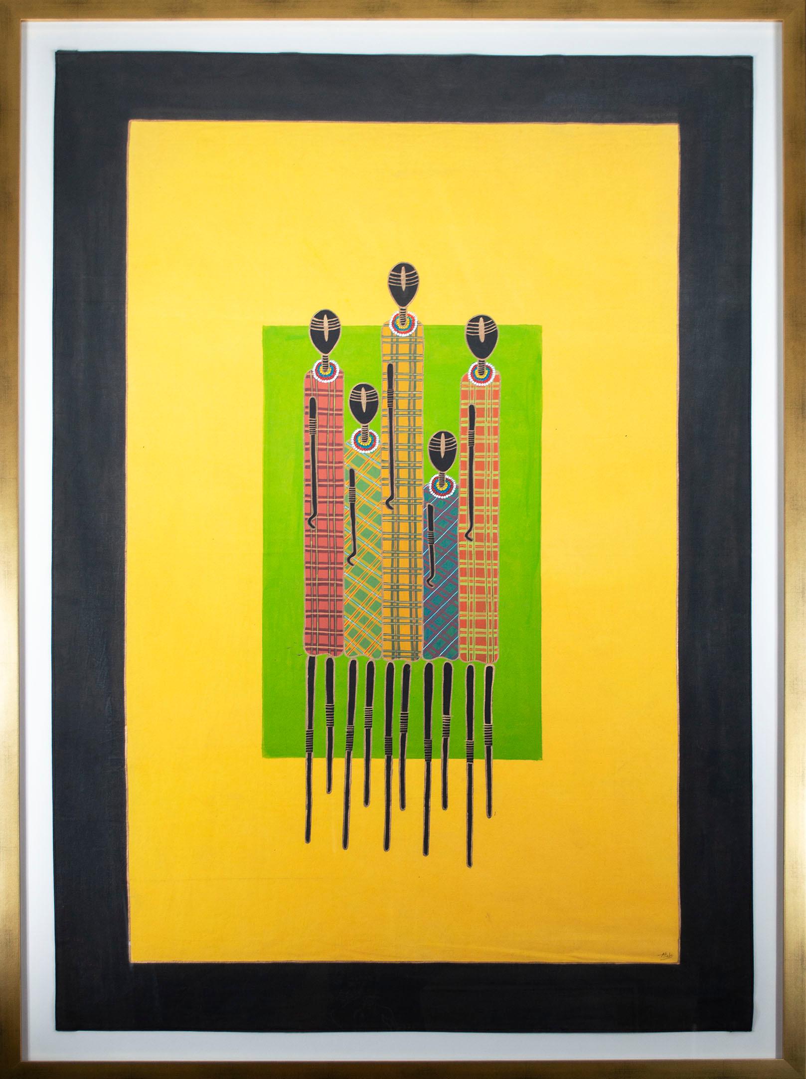 Das vorliegende Gemälde ist ein kühnes und lebendiges Werk der Künstlerin und Modedesignerin Stella Atal. Das Bild enthält fünf abstrakte, klar gezeichnete Figuren vor hellen grünen und gelben Feldern. Die Figuren, die Jäger darstellen, sind