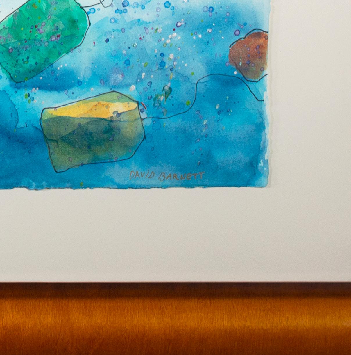 Artworks in David Barnett's 'Boston Tea Party' series present a playful vision of one of the foundational narratives of the United States. In the image, colorful teabags outlined in black fall from above into a vibrant blue sea. Scattered all around