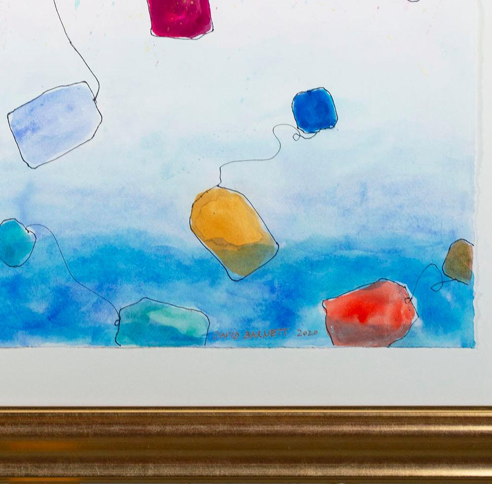 Artworks in David Barnett's 'Boston Tea Party' series present a playful vision of one of the foundational narratives of the United States. In the image, colorful teabags outlined in black fall from above into a vibrant blue sea. Scattered all around
