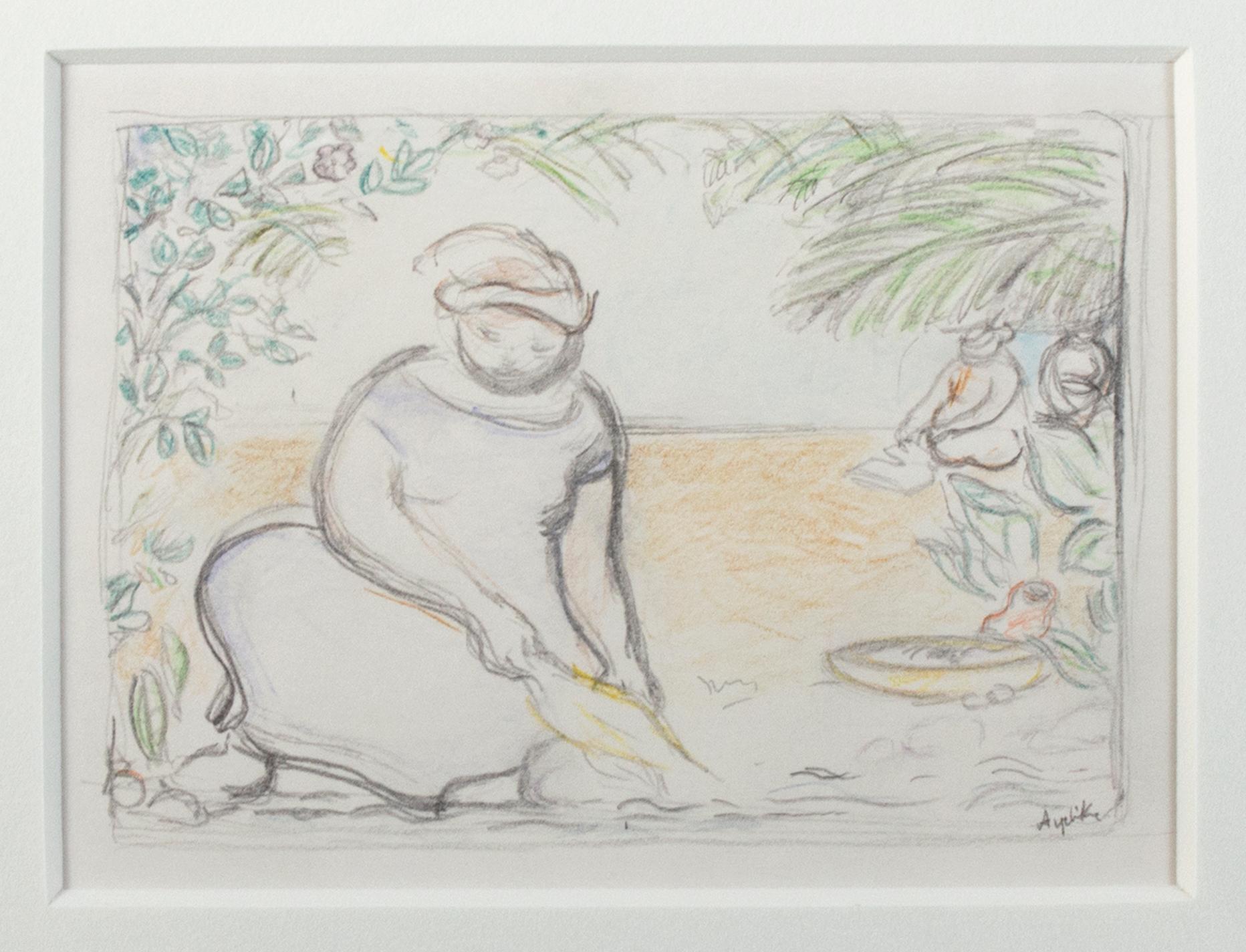 In this small, intimate drawing, Angelika Thusius presents an image of a woman kneeling on the ground before a river. Foliage bursts all around her, framing her in the oasis. In the distance, two other figures kneel, engaged in a similar task. The
