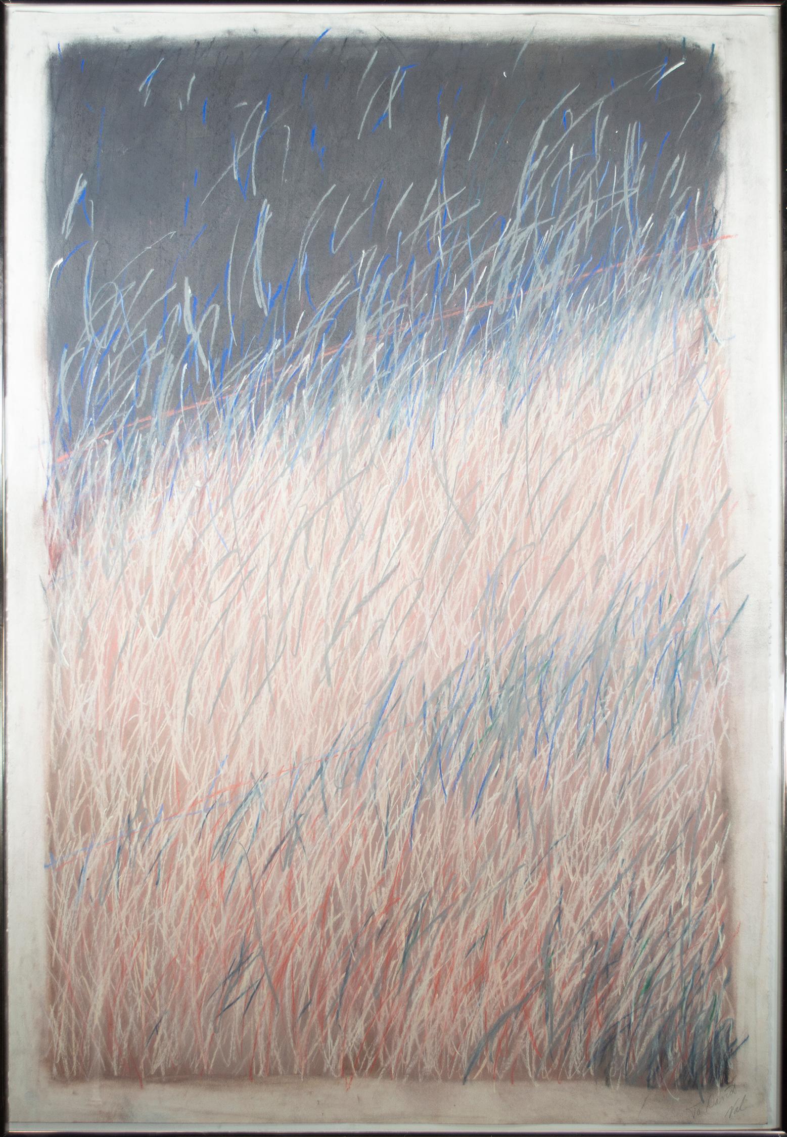 Abstract Drawing di Valerie Christell - Disegno a pastello originale firmato 'Orange/Black abstract', blu e salmone anni '80