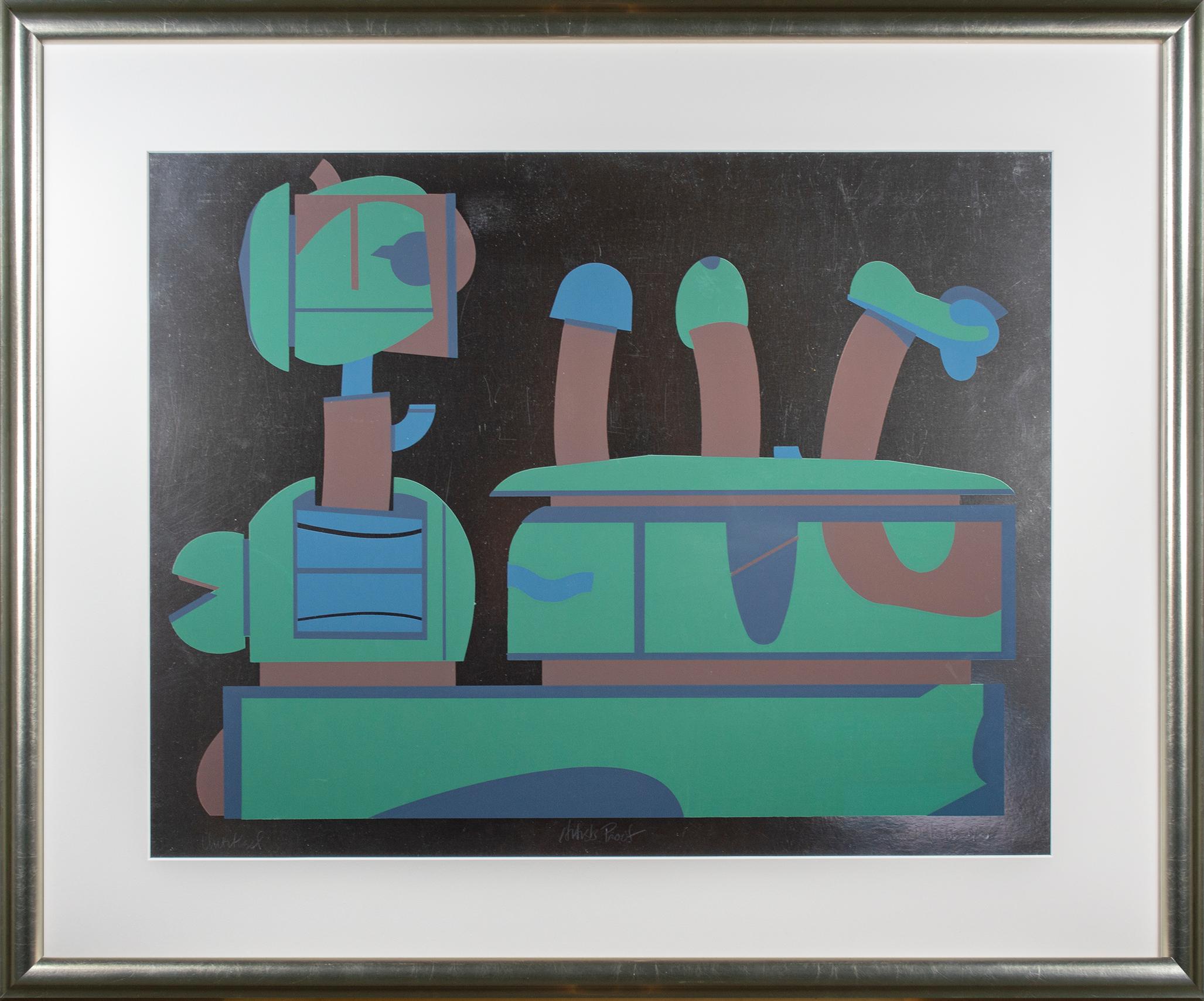 'Untitled' original 1960s signed serigraph silver abstract vintage train pop art