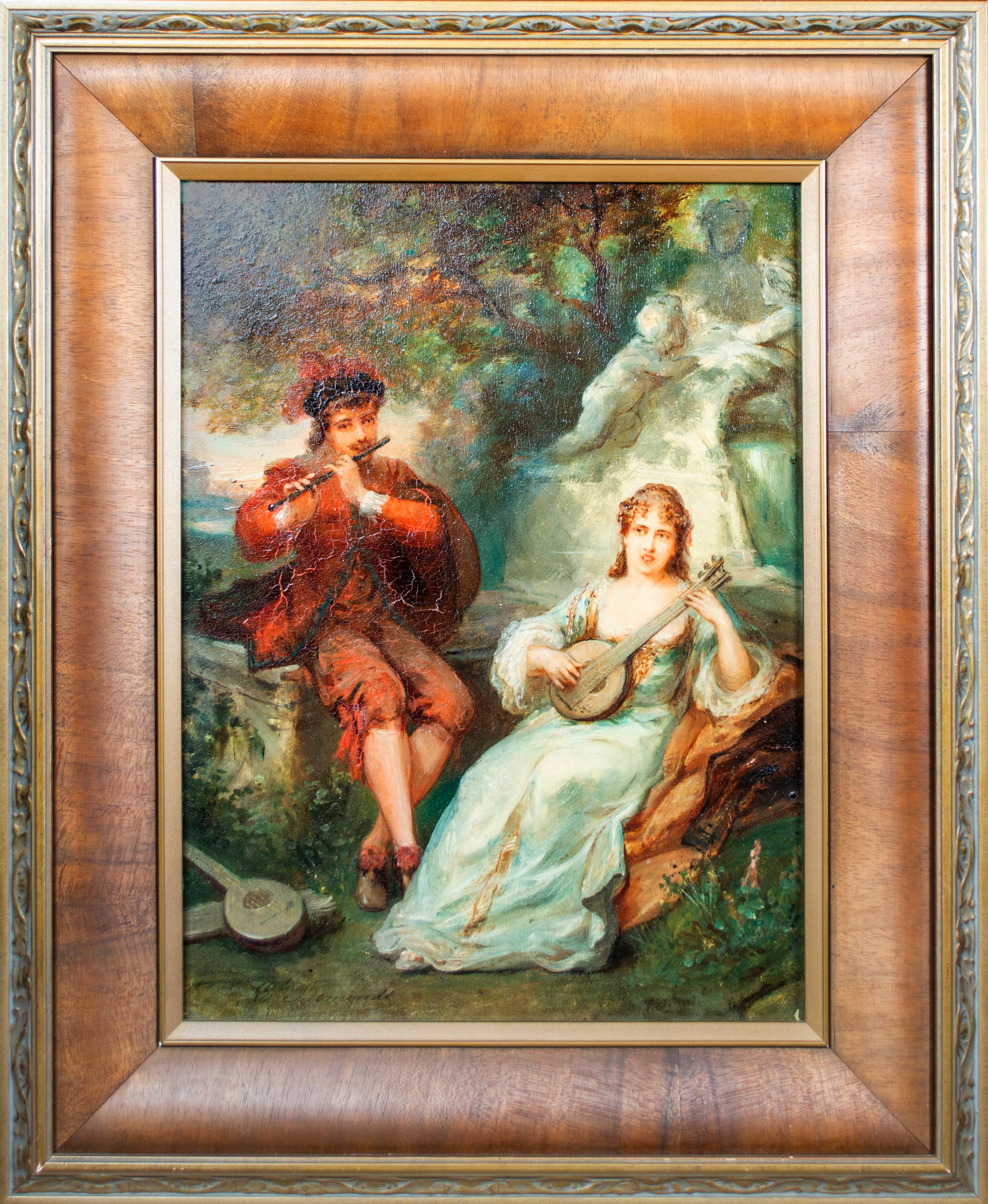 'Two Musicians' original signed oil on mahogany painting, garden 19th century