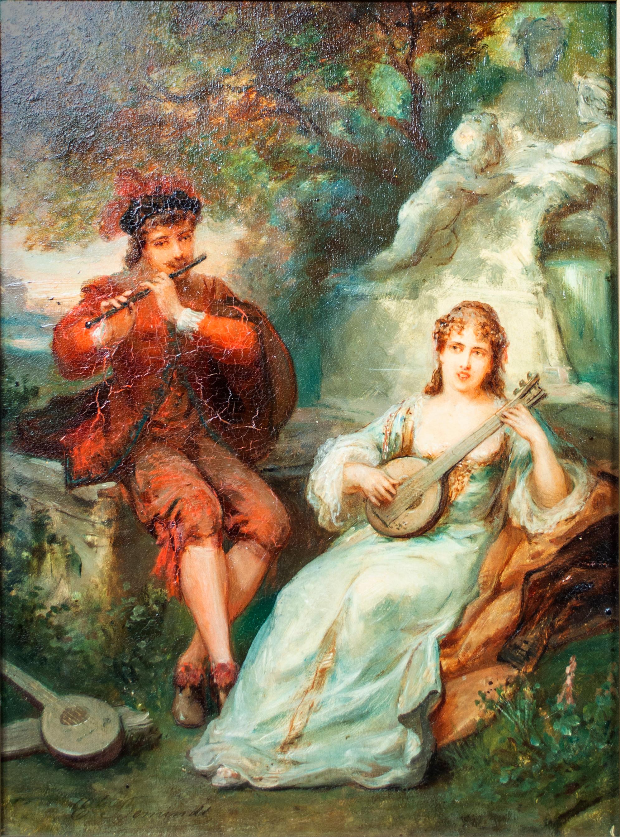 'Two Musicians' original signed oil on mahogany painting, garden 19th century - Painting by Émile Bemindt