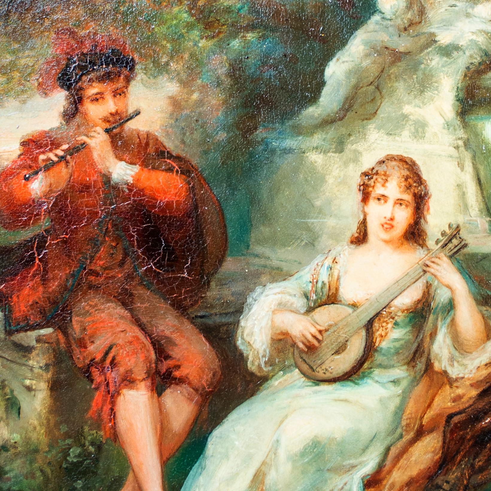 « Two Musicians », peinture originale signée à l'huile sur acajou, jardin, XIXe siècle - Marron Figurative Painting par Émile Bemindt