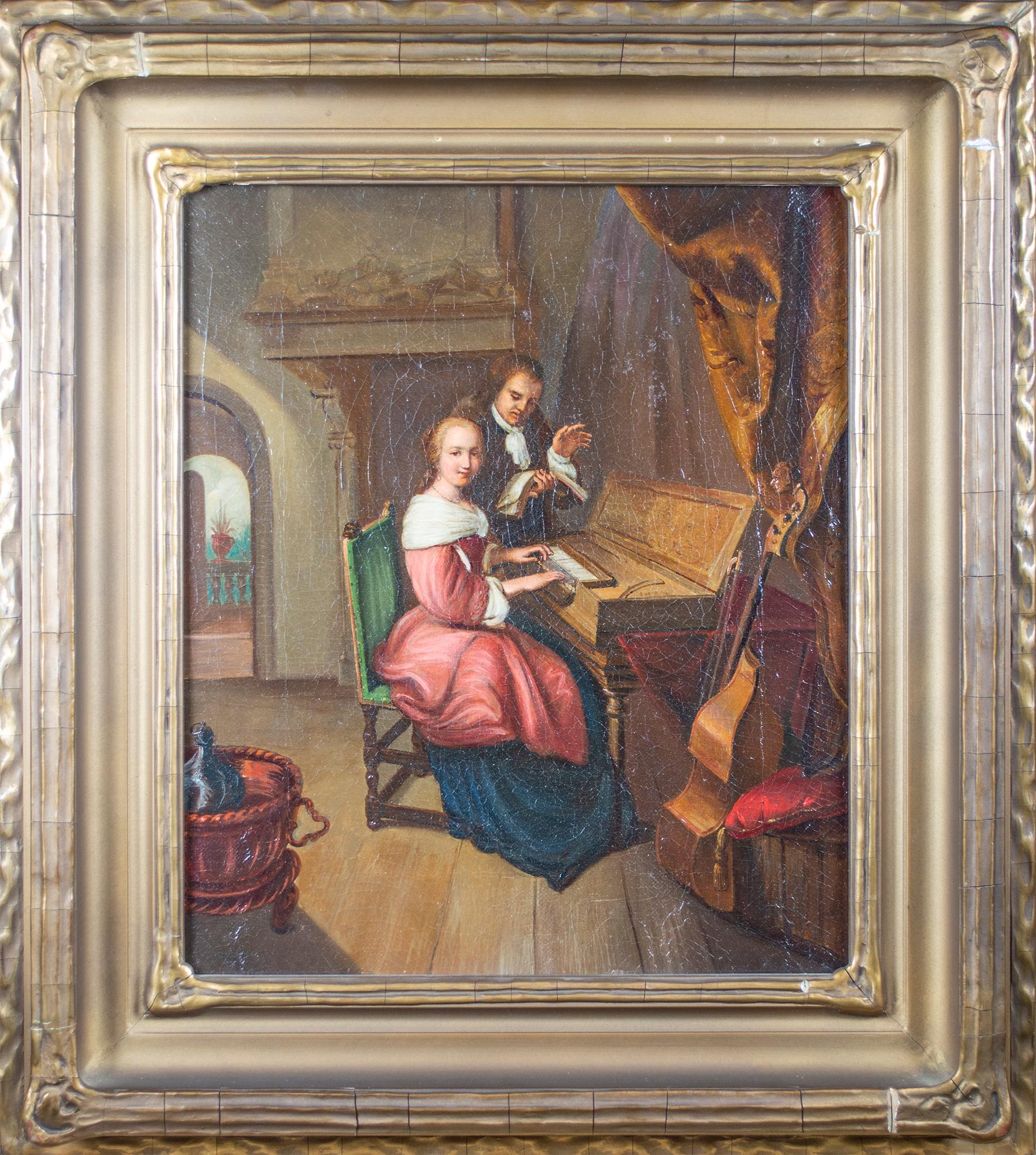 'The Music Lesson' original oil painting after Dou with clavichord and viol