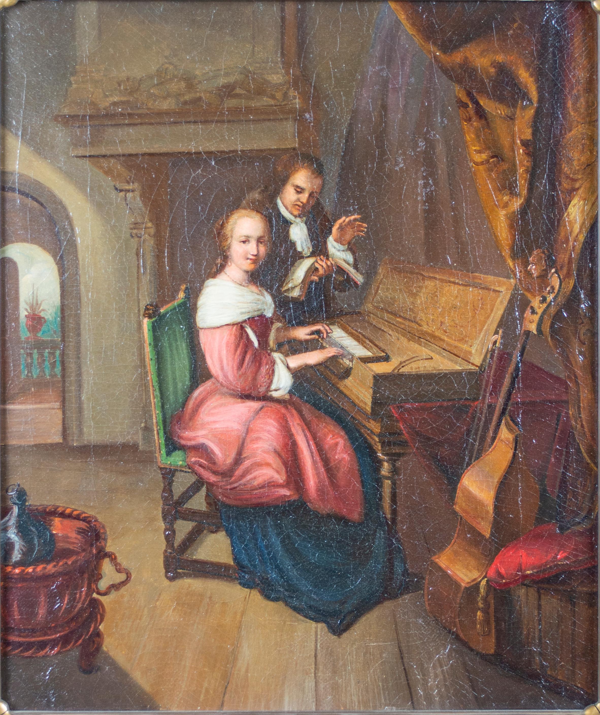 'The Music Lesson' original oil painting after Dou with clavichord and viol - Painting by Gerrit Dou (After)