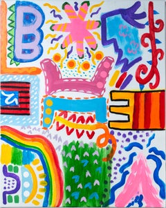 'Campfire Stories' original signed acrylic painting pink blue red green yellow