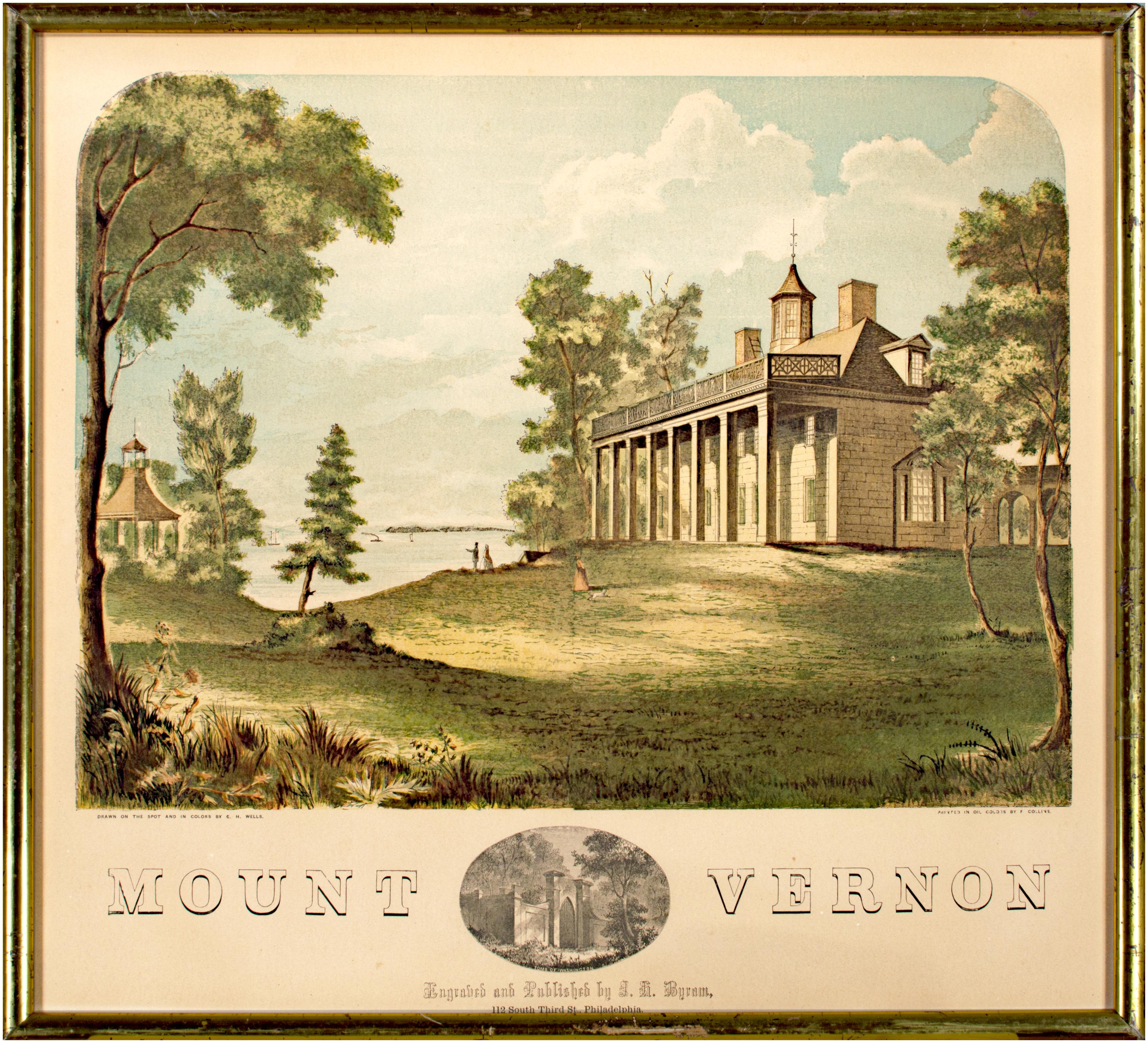 'Mount Vernon' original hand colored wood engraving George Washington 1850s
