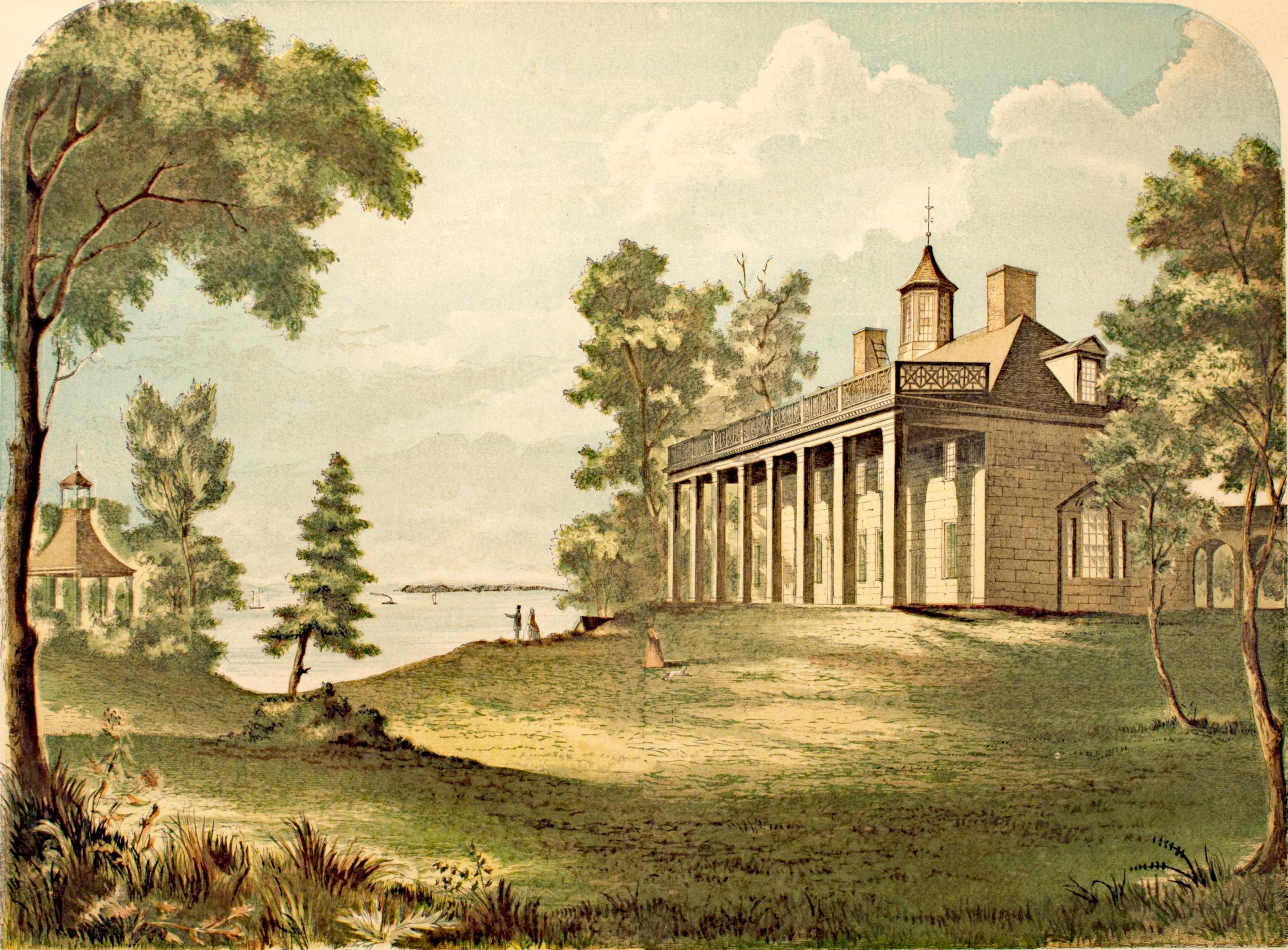 'Mount Vernon' original hand colored wood engraving George Washington 1850s - Print by Charles H. Wells