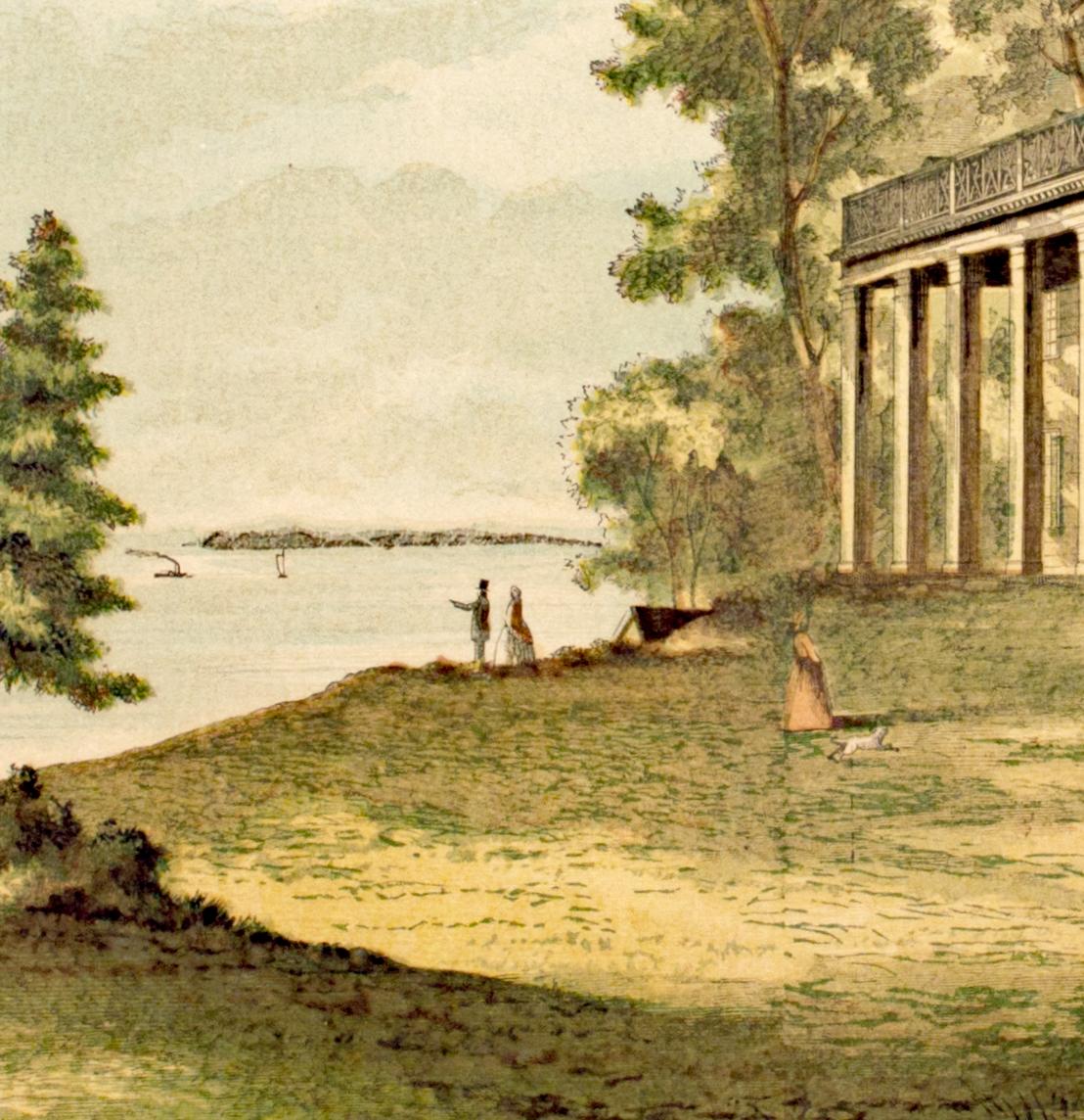 'Mount Vernon' original hand colored wood engraving George Washington 1850s - Romantic Print by Charles H. Wells