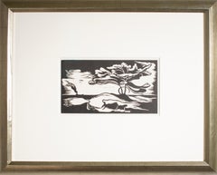 'Lake Shore' original linoleum cut print by Harold Wescott, tree boat wave