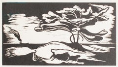 'Lake Shore' original linoleum cut print by Harold Wescott, tree boat wave