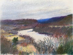 20th century landscape pastel drawing colorful grass path hills sky signed