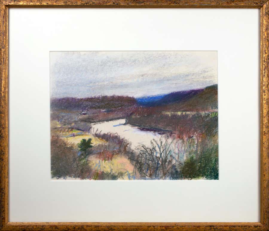 20th century landscape pastel drawing colorful grass path hills sky signed